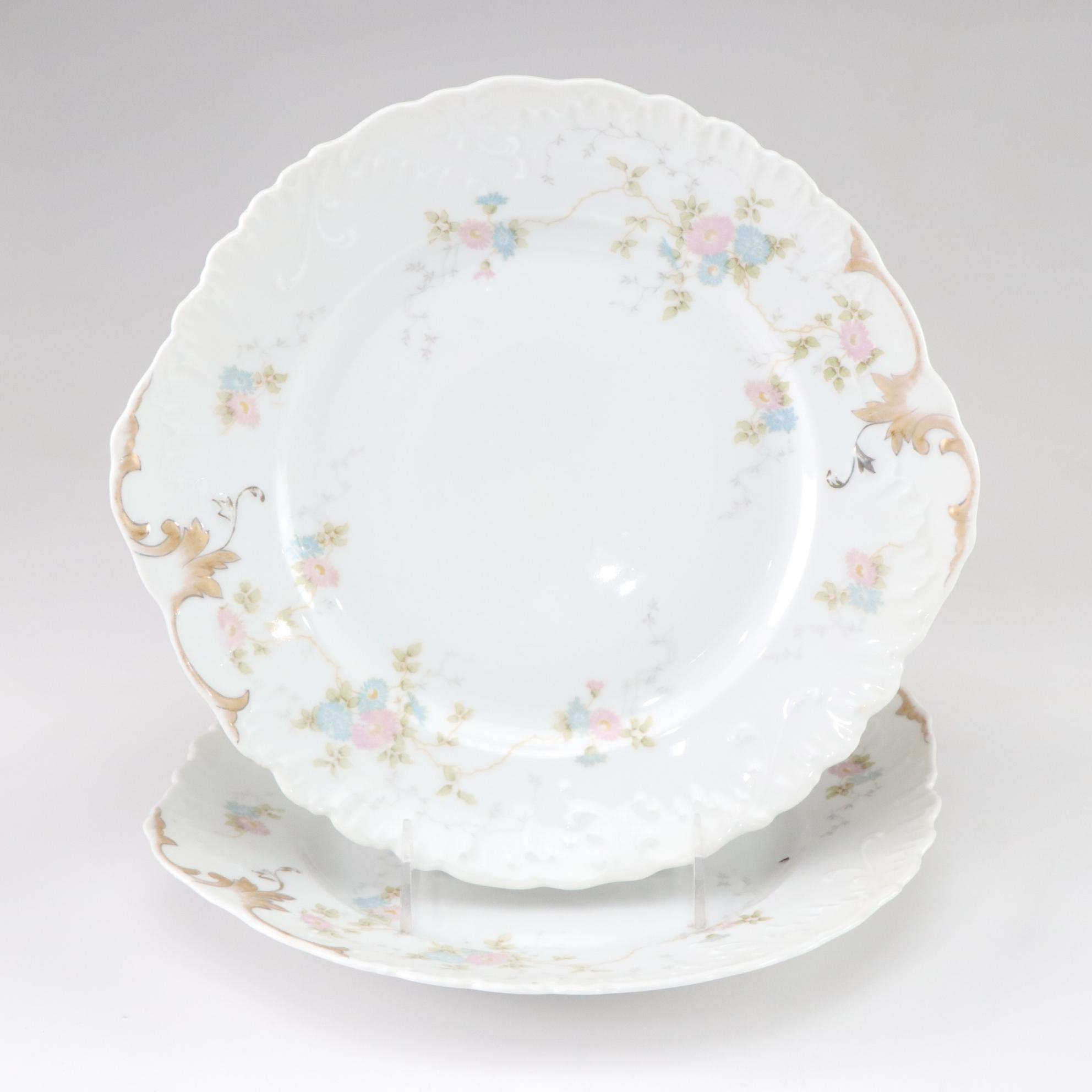 Gilt & Floral Porcelain Plates, Bowl & Vanity Box