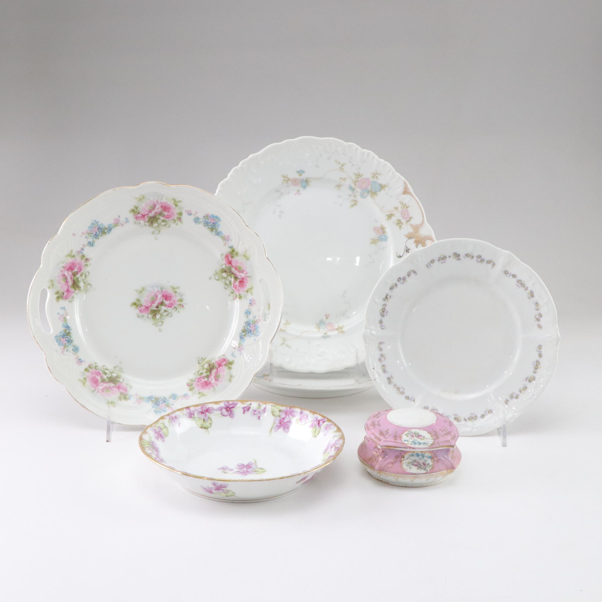 Gilt & Floral Porcelain Plates, Bowl & Vanity Box