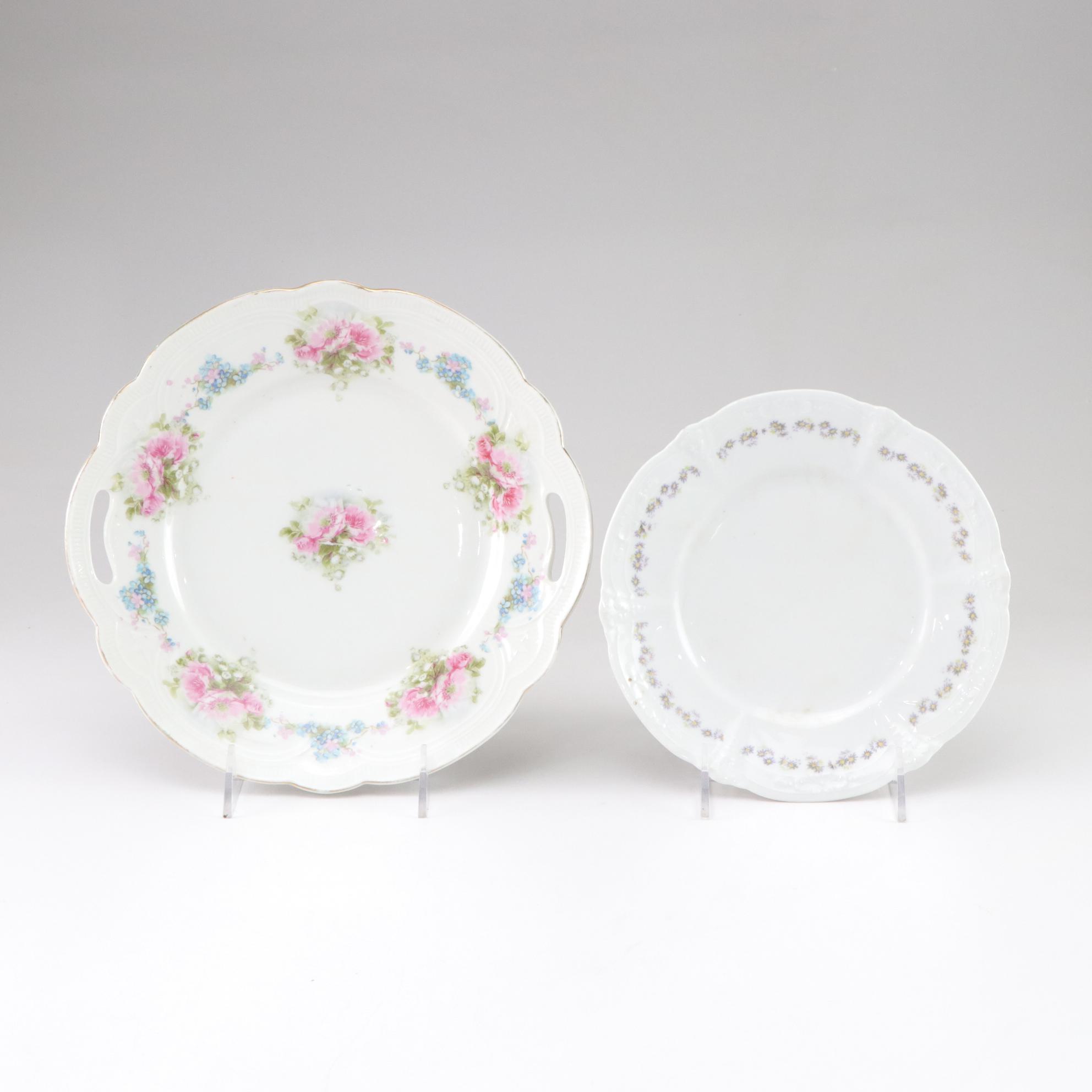 Gilt & Floral Porcelain Plates, Bowl & Vanity Box