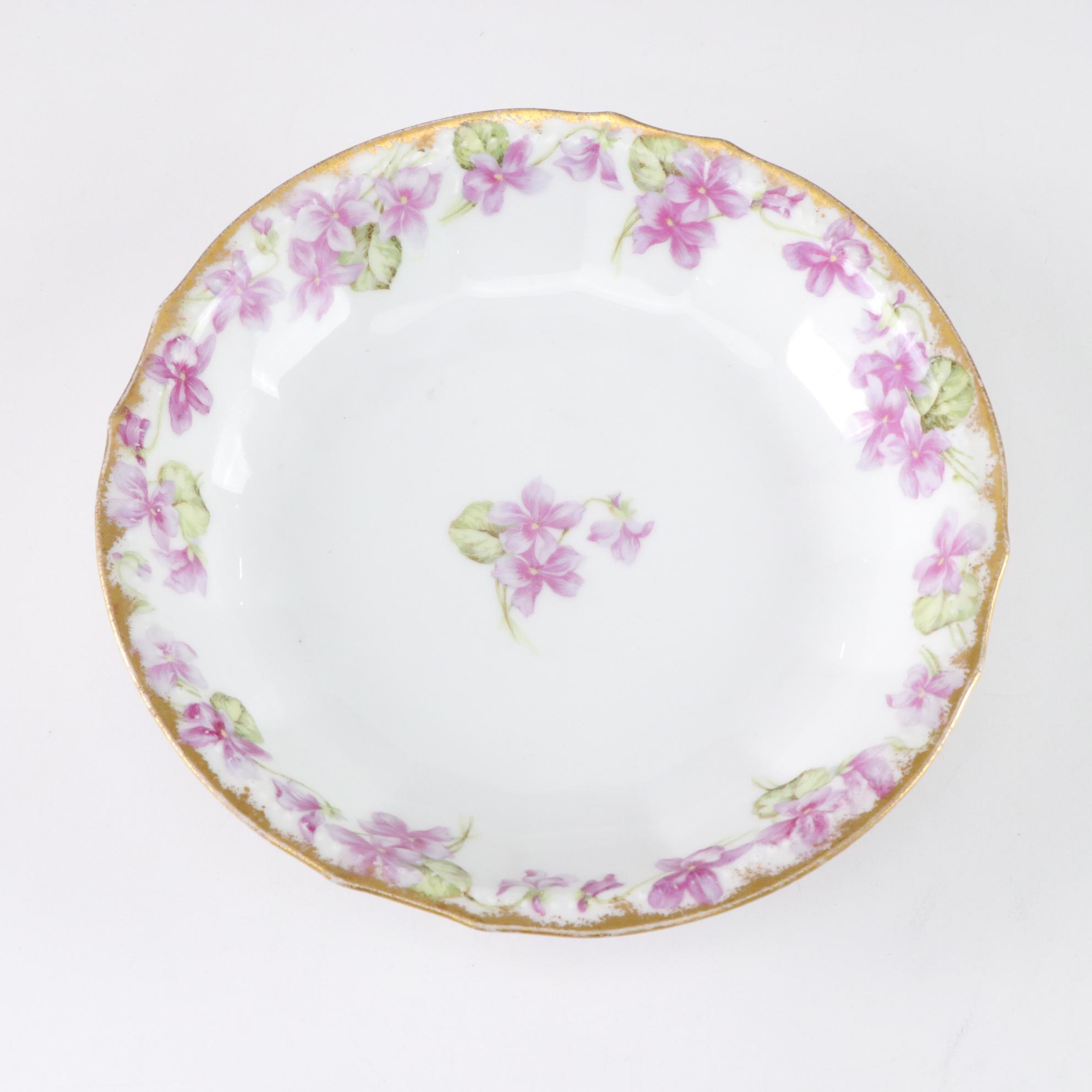 Gilt & Floral Porcelain Plates, Bowl & Vanity Box