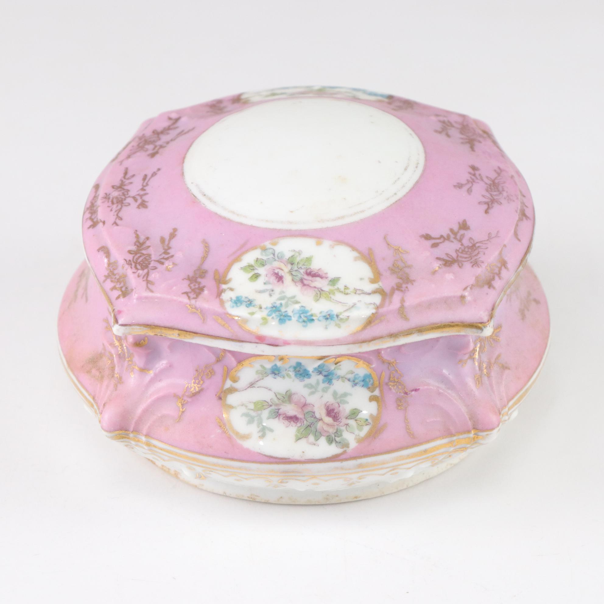 Gilt & Floral Porcelain Plates, Bowl & Vanity Box
