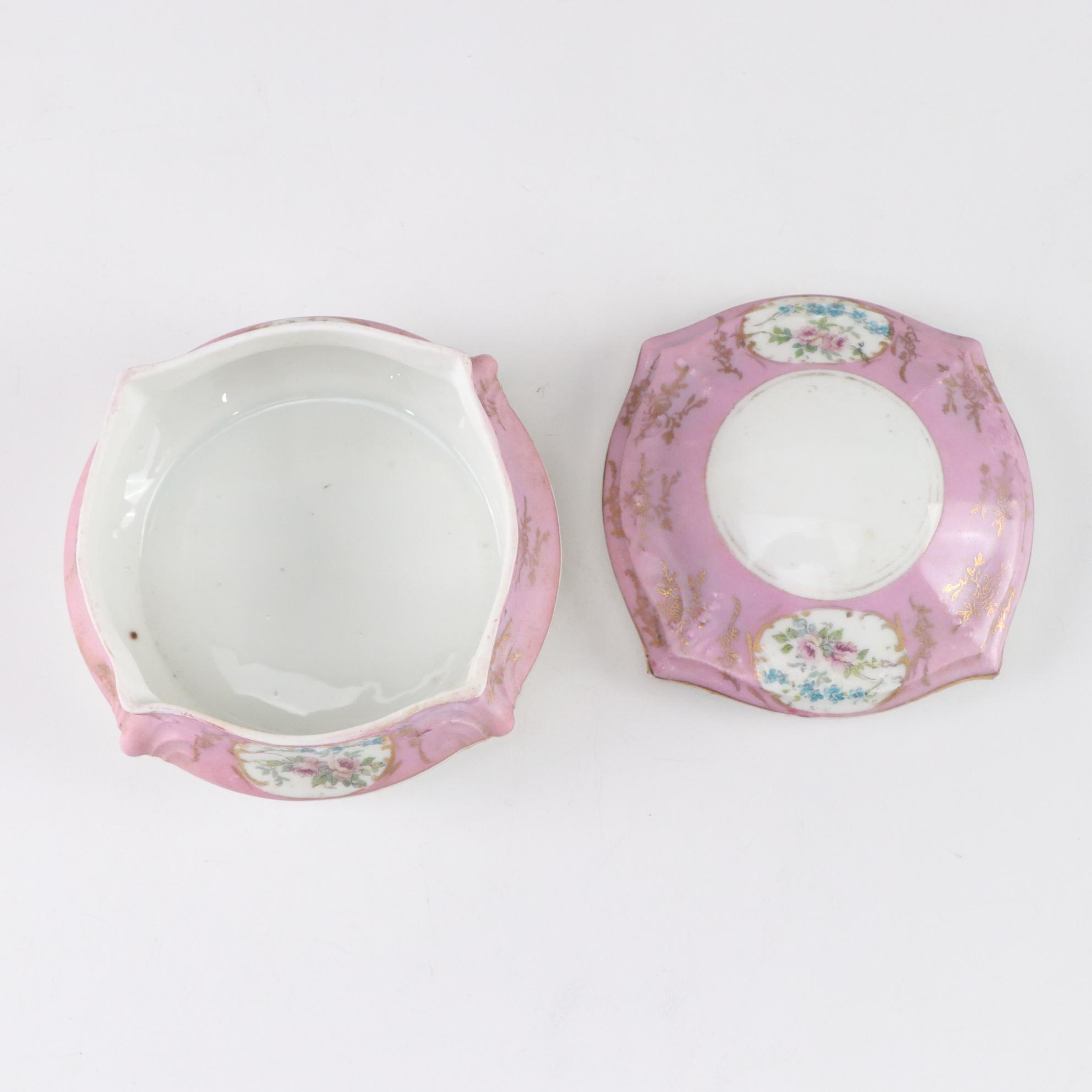 Gilt & Floral Porcelain Plates, Bowl & Vanity Box