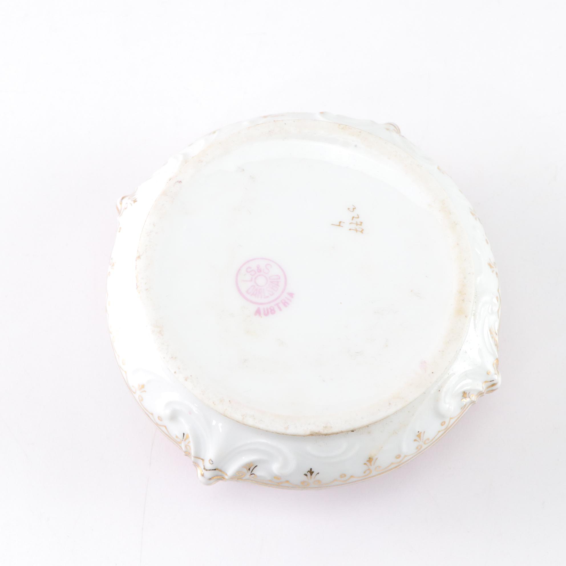 Gilt & Floral Porcelain Plates, Bowl & Vanity Box