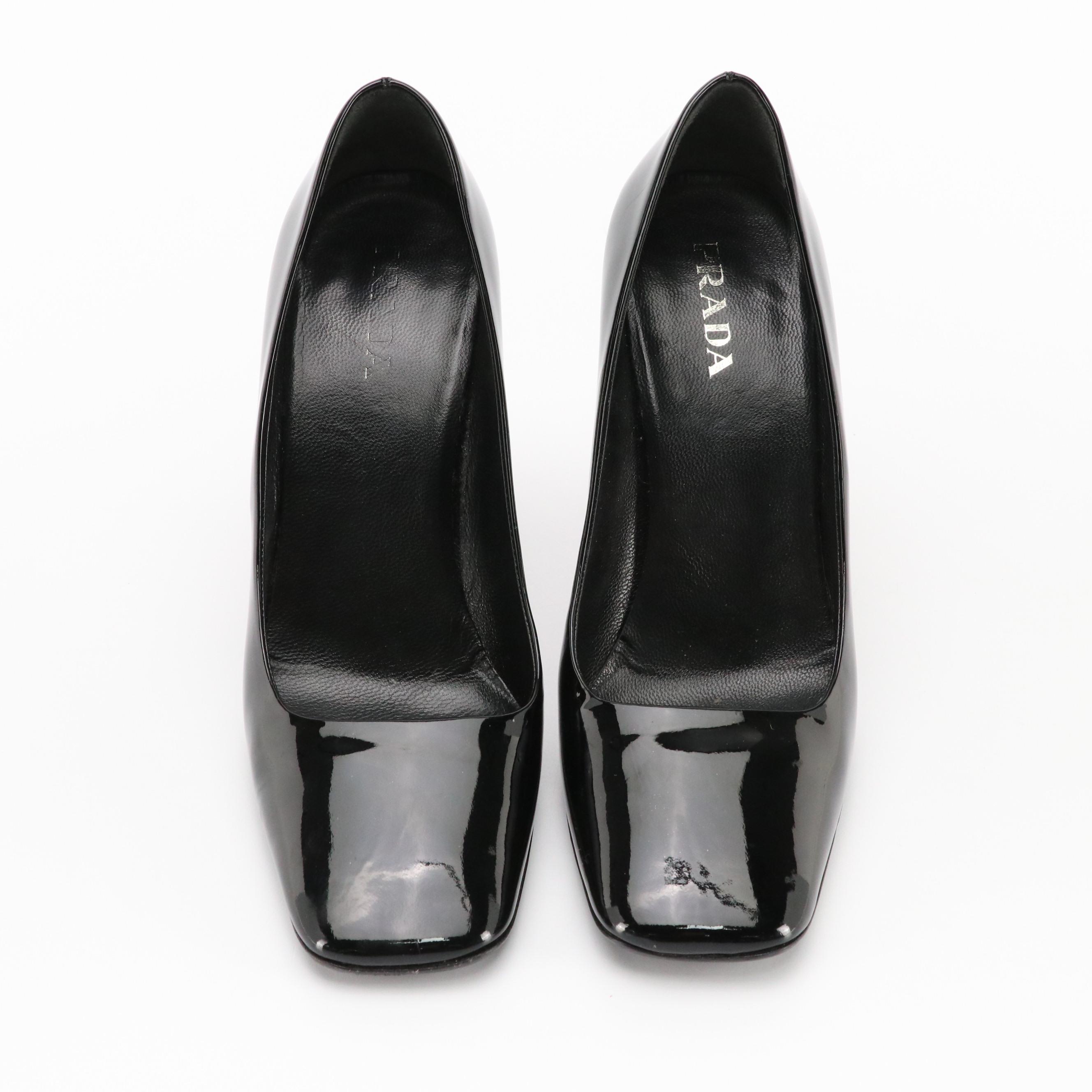 Prada Black Patent Leather Square Toe High Heel Pumps with Box
