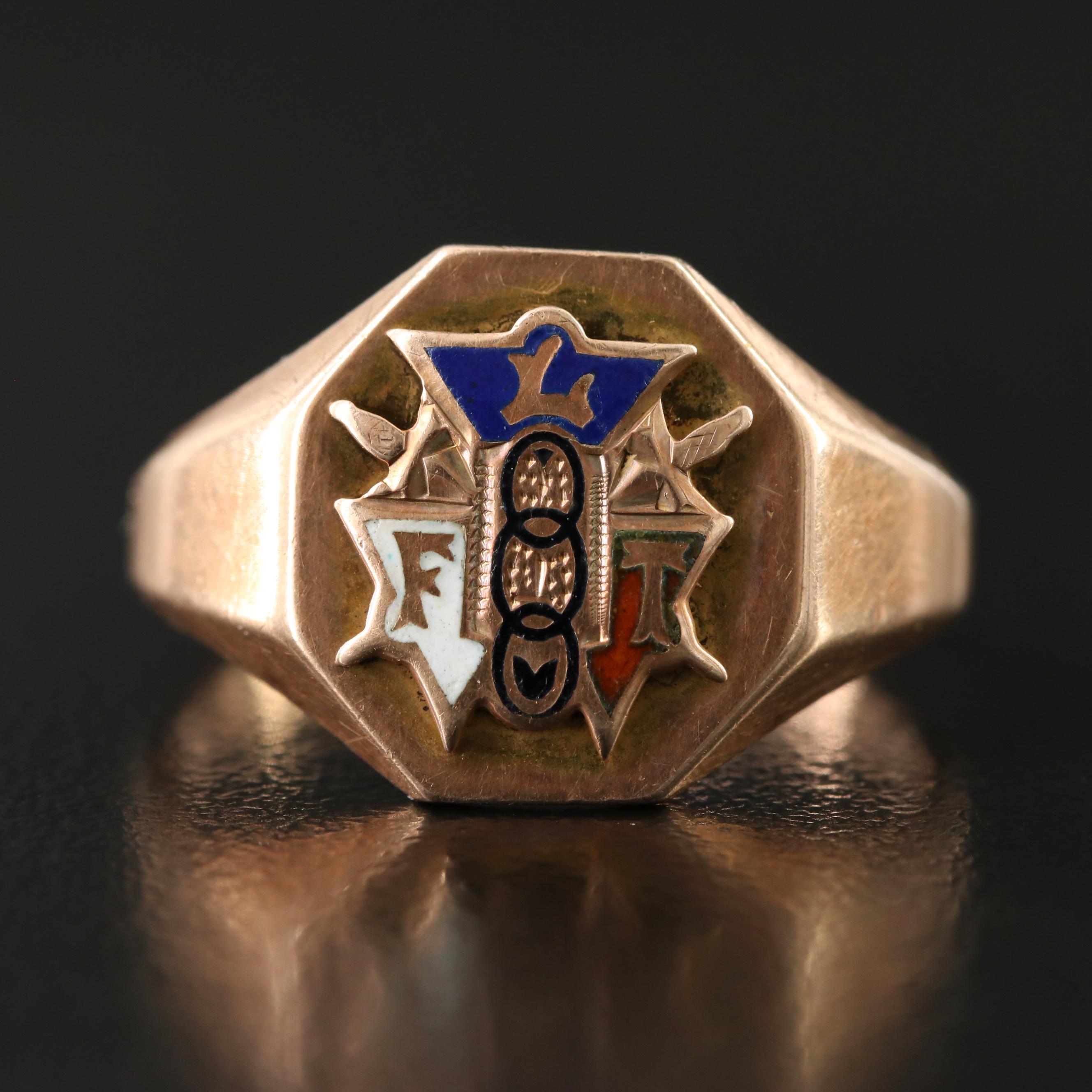 Ostby & Barton Co. 10K Rose Gold Enamel Order of Odd Fellows Fraternal Ring