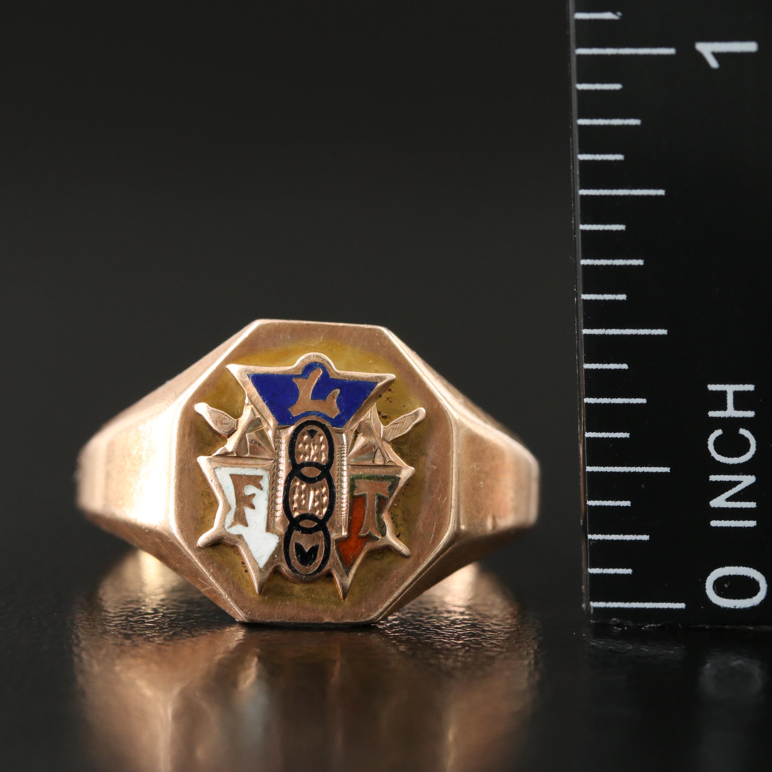 Ostby & Barton Co. 10K Rose Gold Enamel Order of Odd Fellows Fraternal Ring