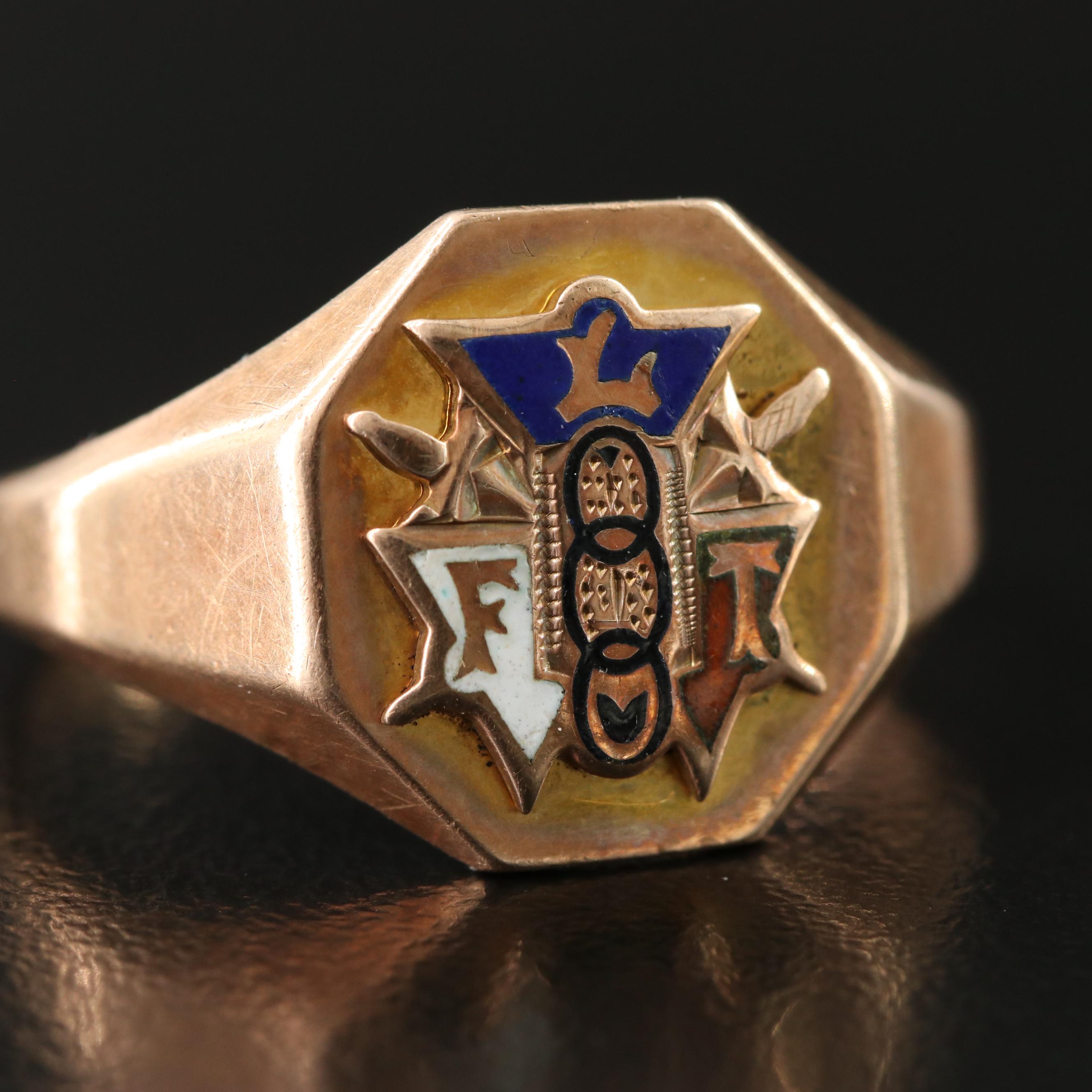 Ostby & Barton Co. 10K Rose Gold Enamel Order of Odd Fellows Fraternal Ring
