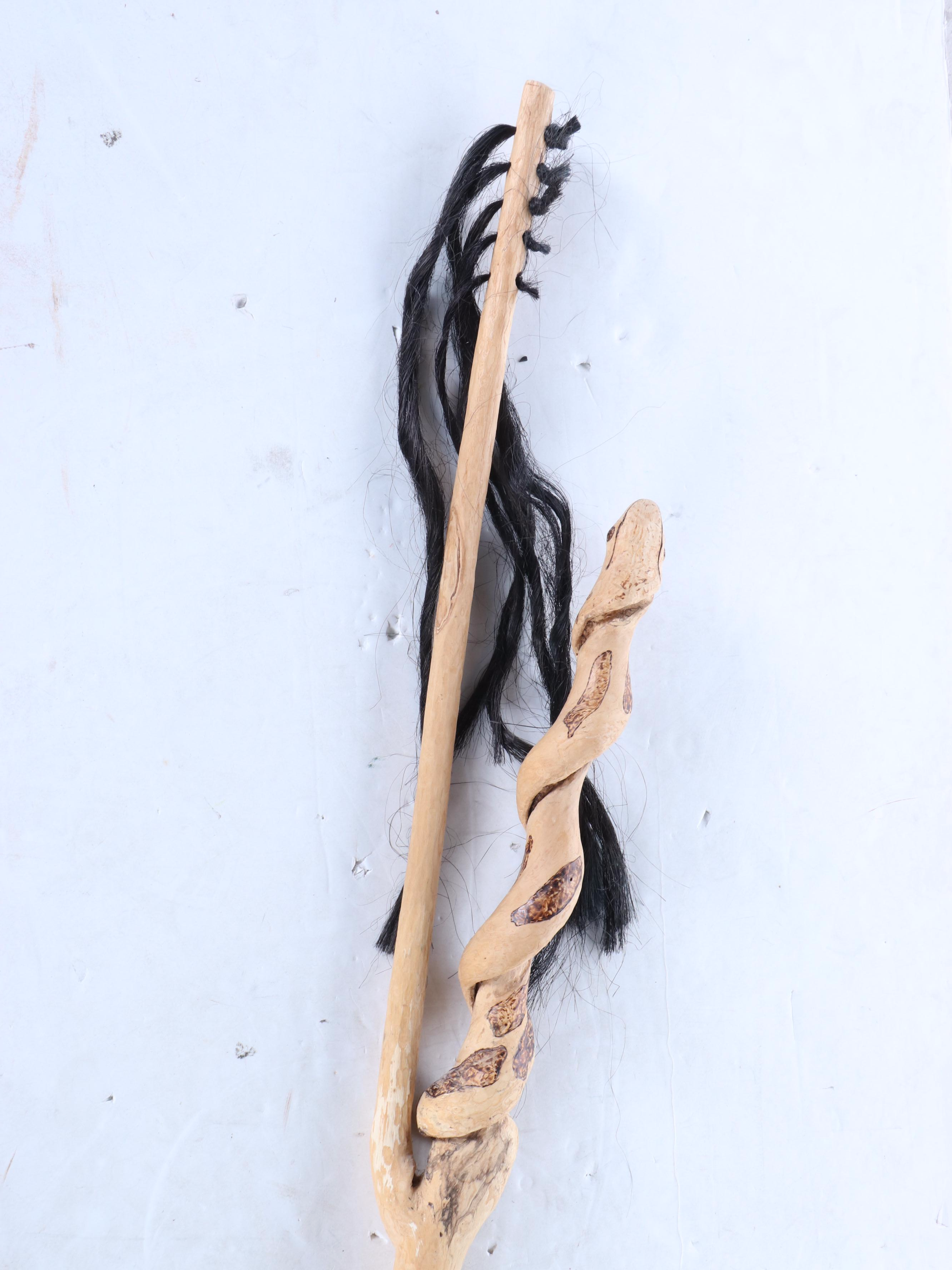 Hand-Carved Vining Wood Shamanic Staff with Synthetic Hair Fibers