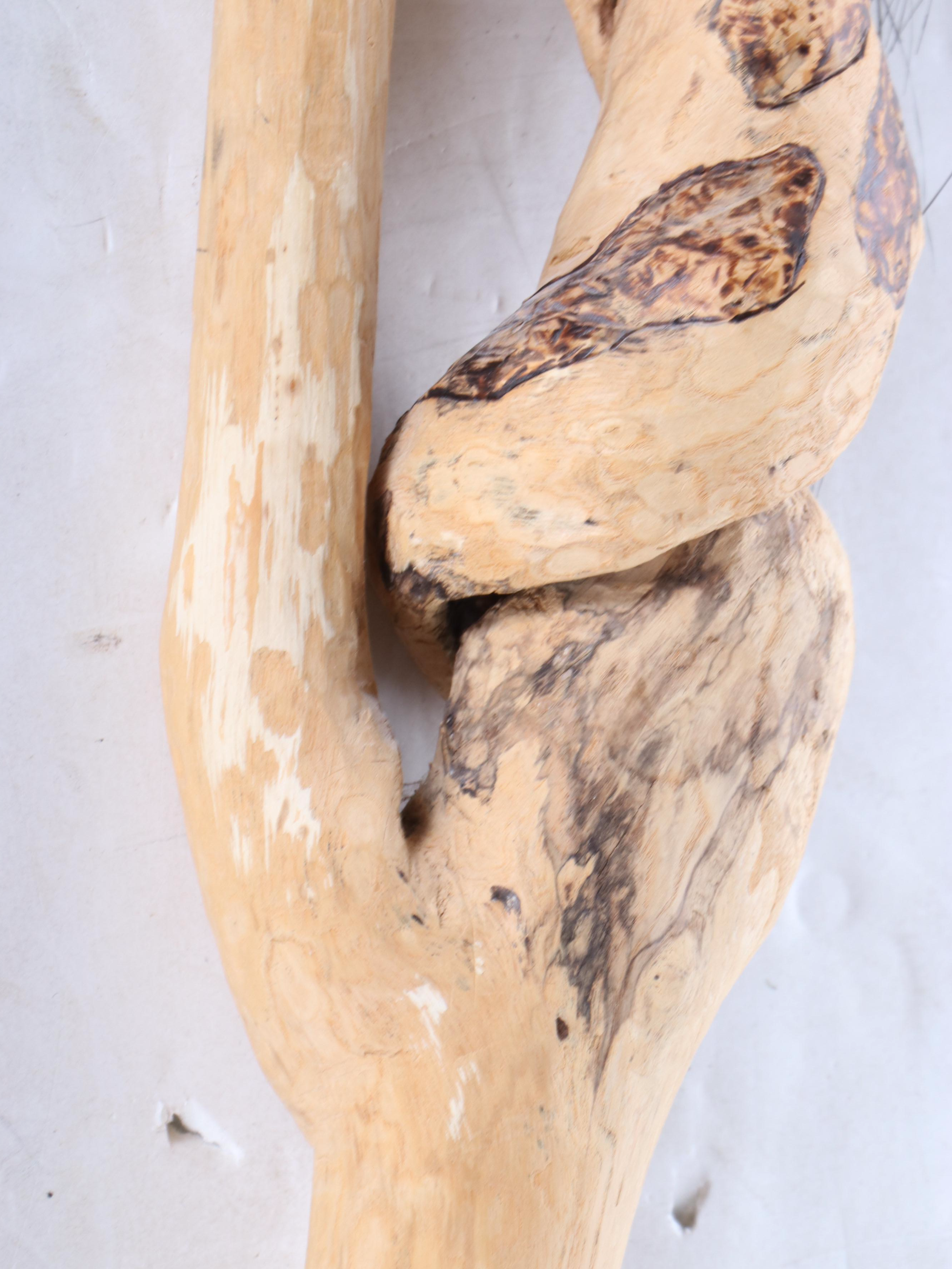Hand-Carved Vining Wood Shamanic Staff with Synthetic Hair Fibers