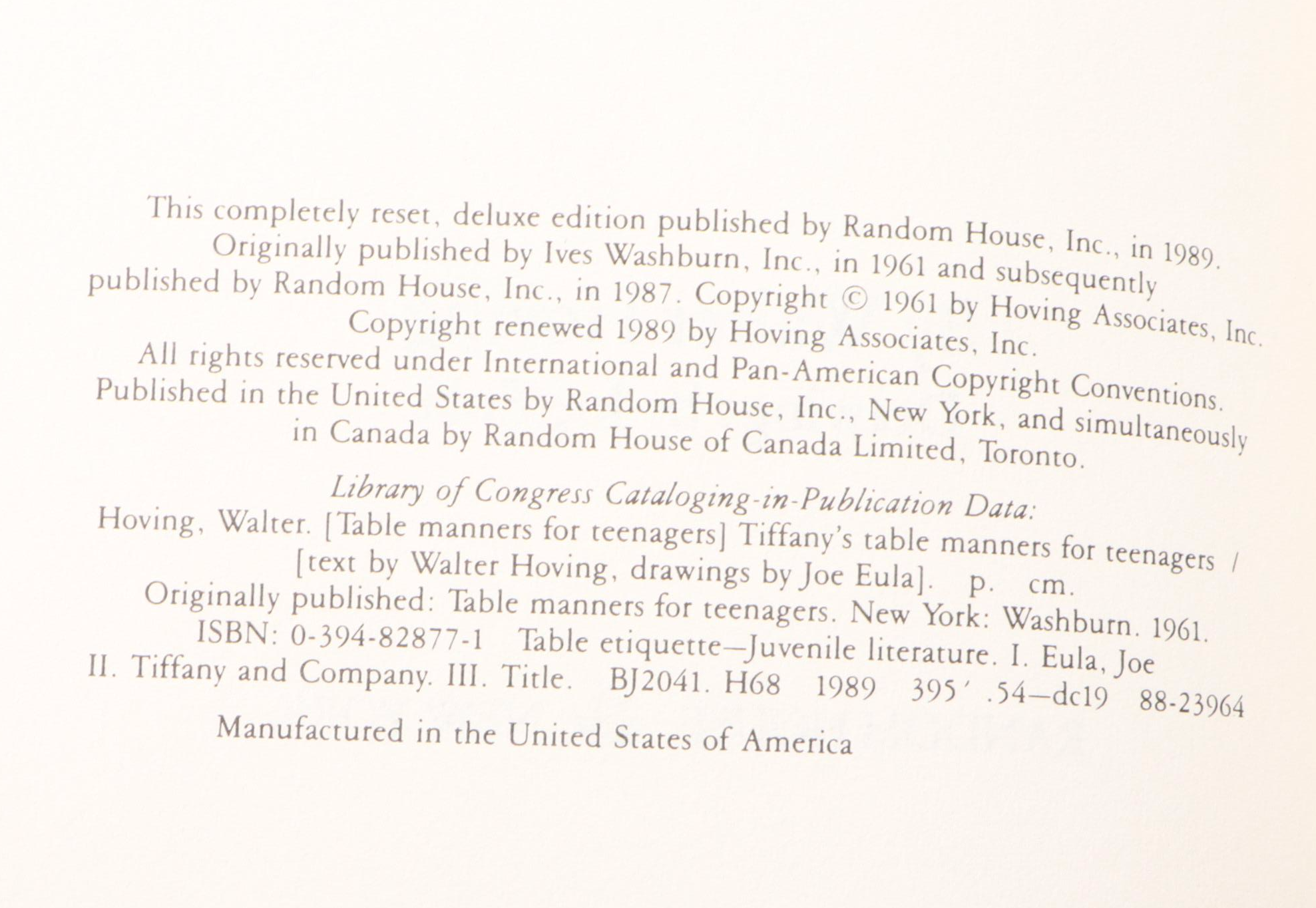 Illustrated "Tiffany's Table Manners for Teenagers" by Walter Hoving, 1989