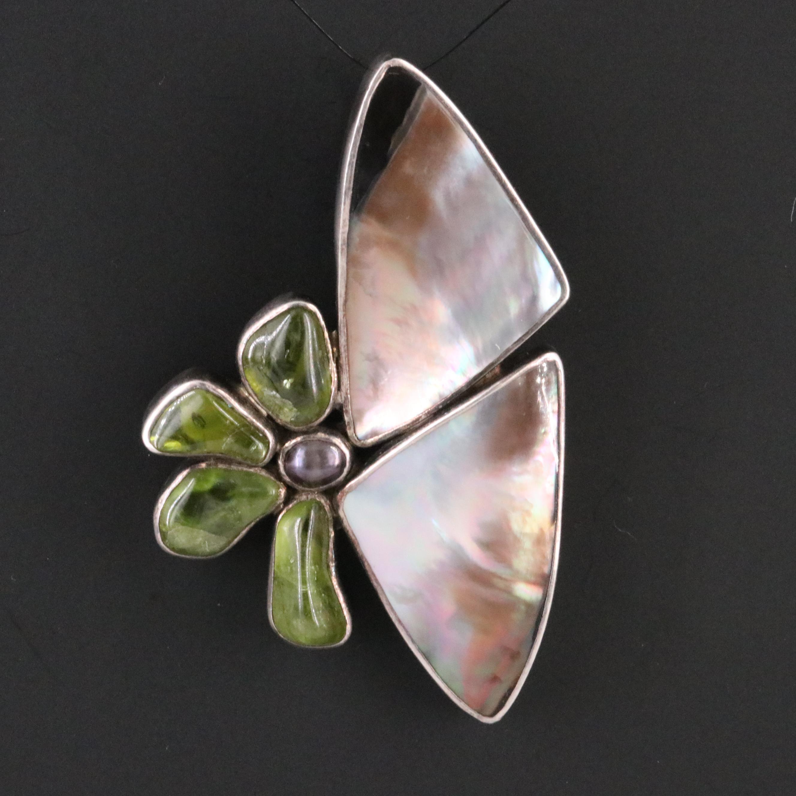 Marta Howell Sterling Pearl, Shell and Peridot Pendant
