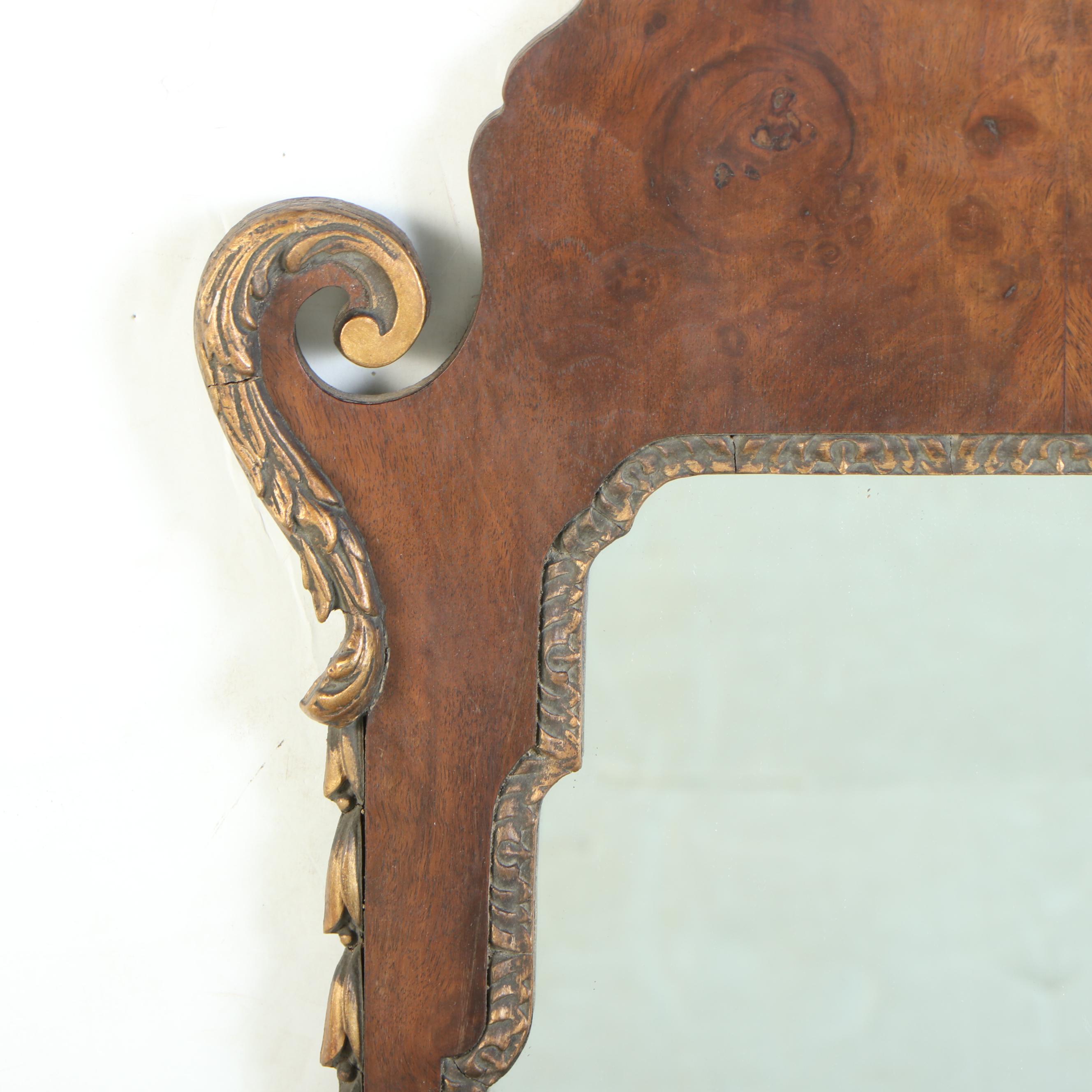 Atsonea English Georgian Style Parcel Gilt Burl Wood Wall Mirror