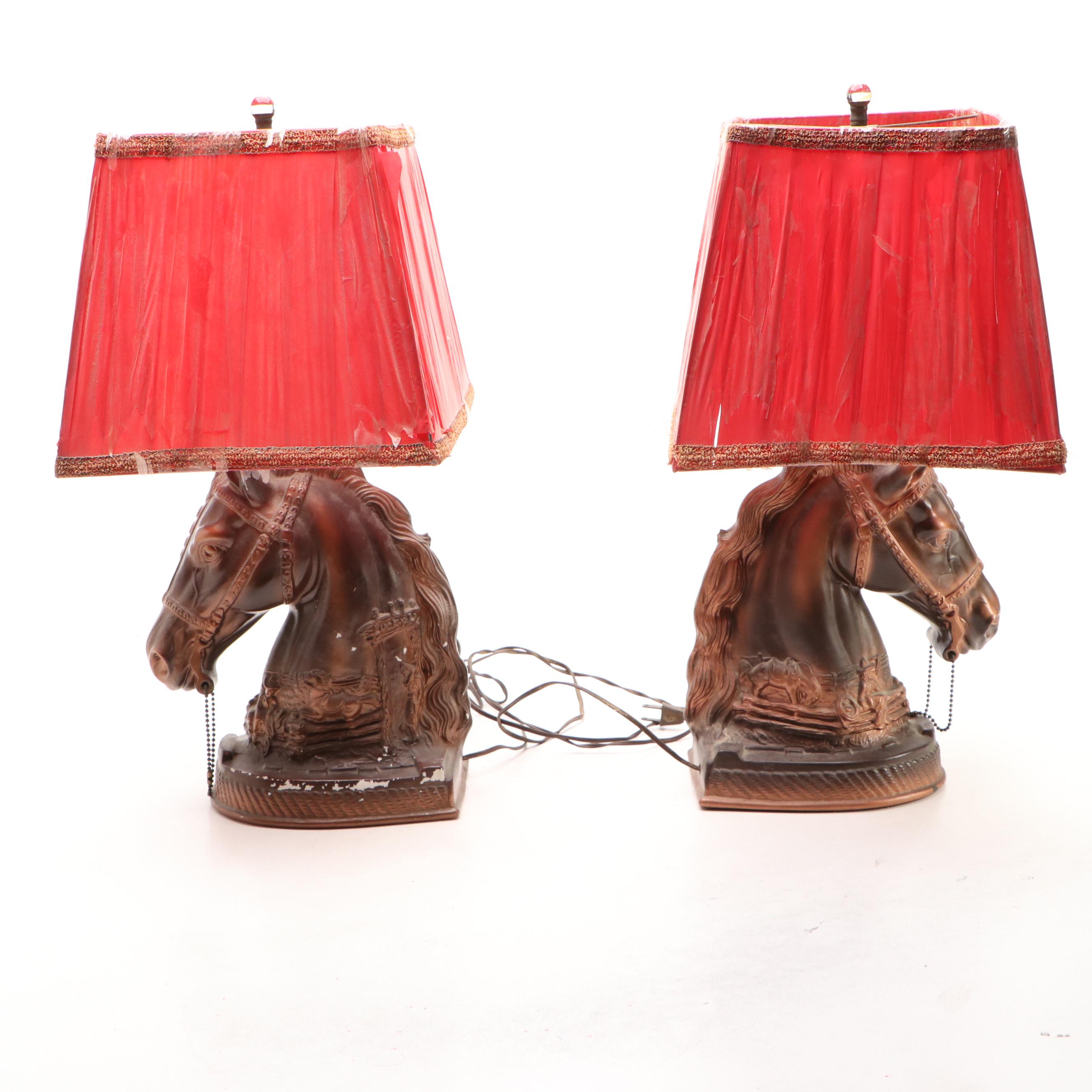 Pair of Chalkware "Lucky U Ranch" Horse Head Table Lamps with Red Shades