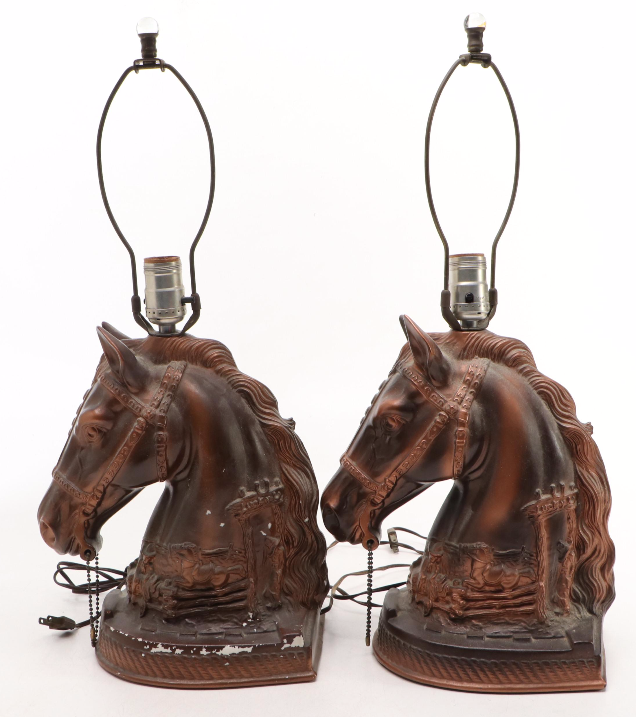 Pair of Chalkware "Lucky U Ranch" Horse Head Table Lamps with Red Shades