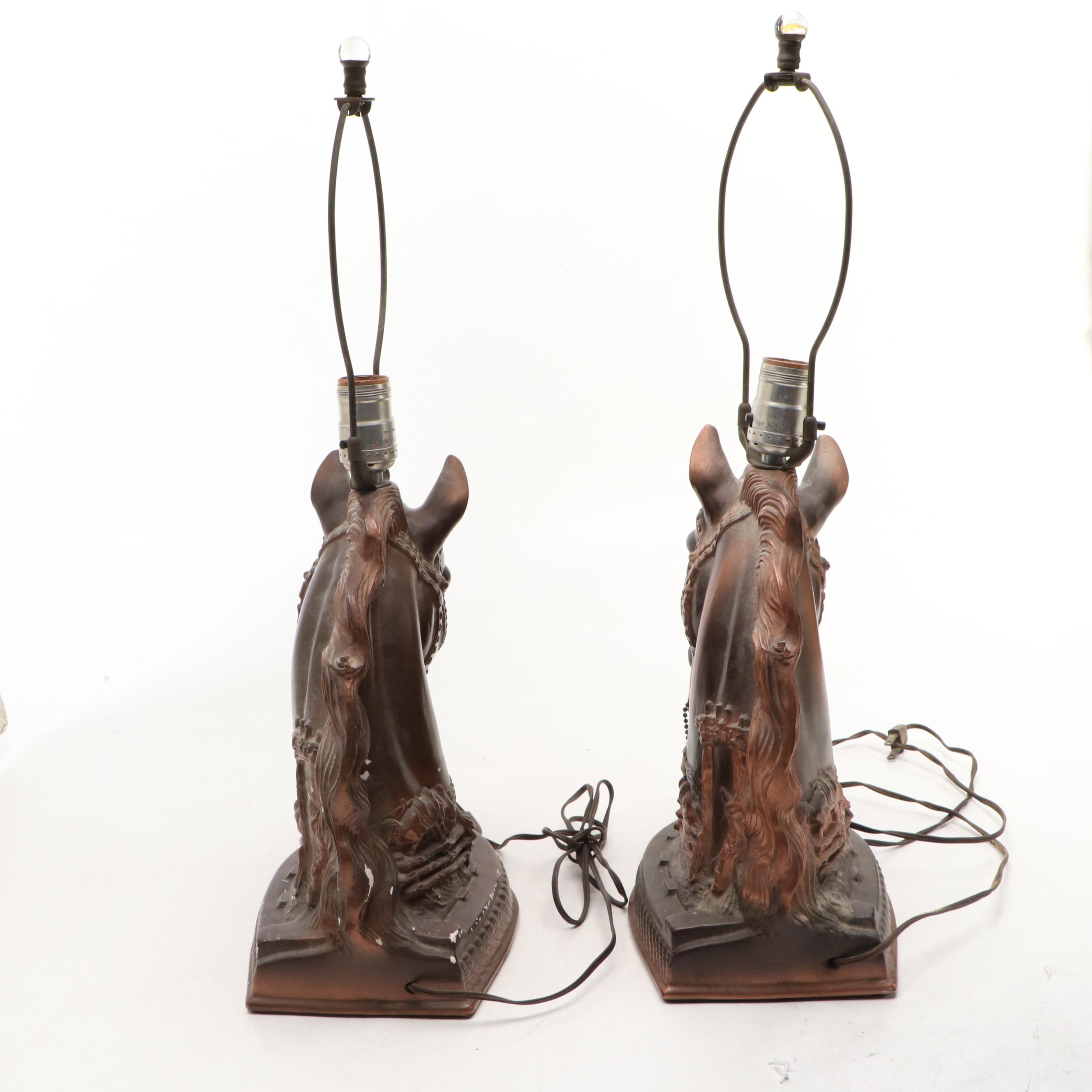 Pair of Chalkware "Lucky U Ranch" Horse Head Table Lamps with Red Shades