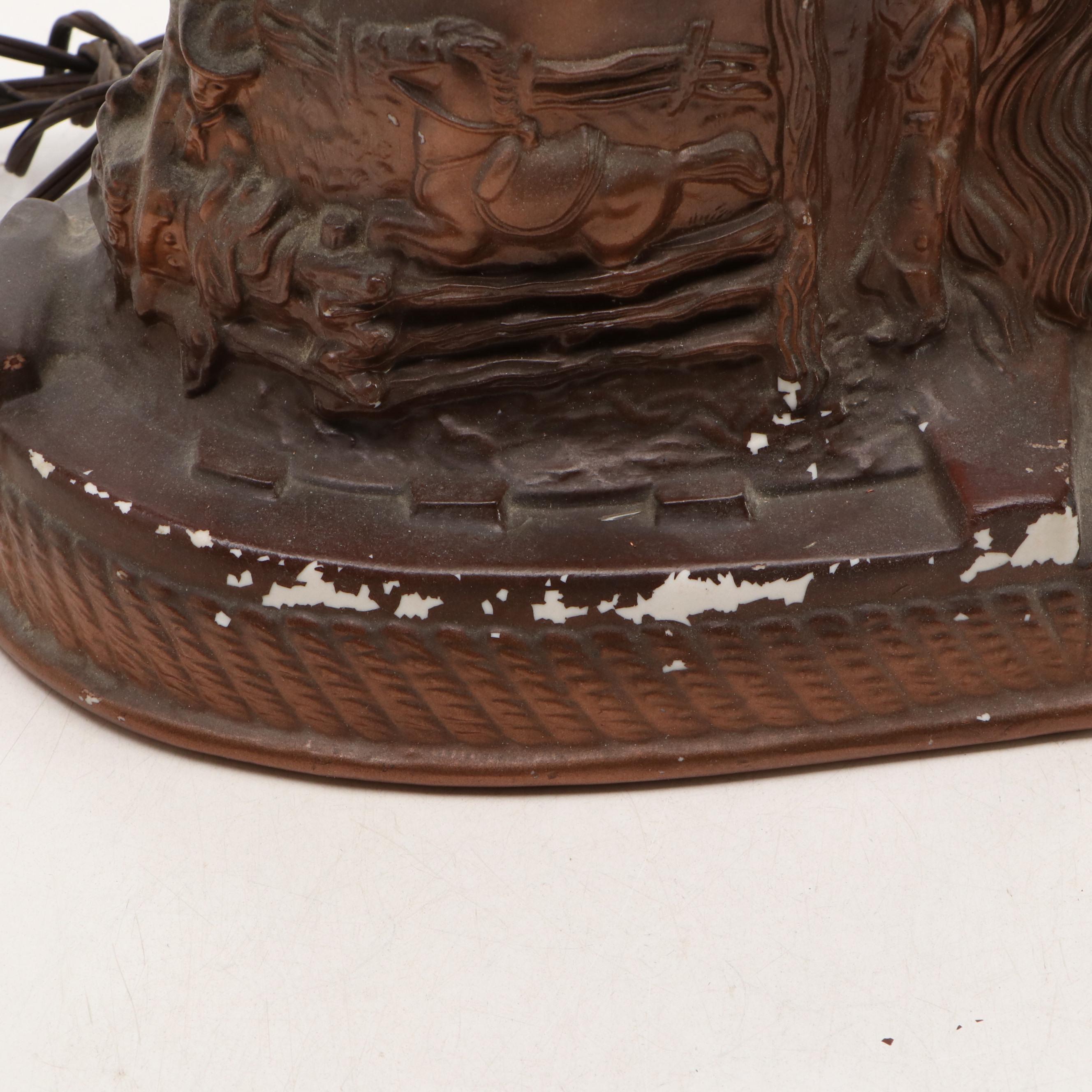 Pair of Chalkware "Lucky U Ranch" Horse Head Table Lamps with Red Shades