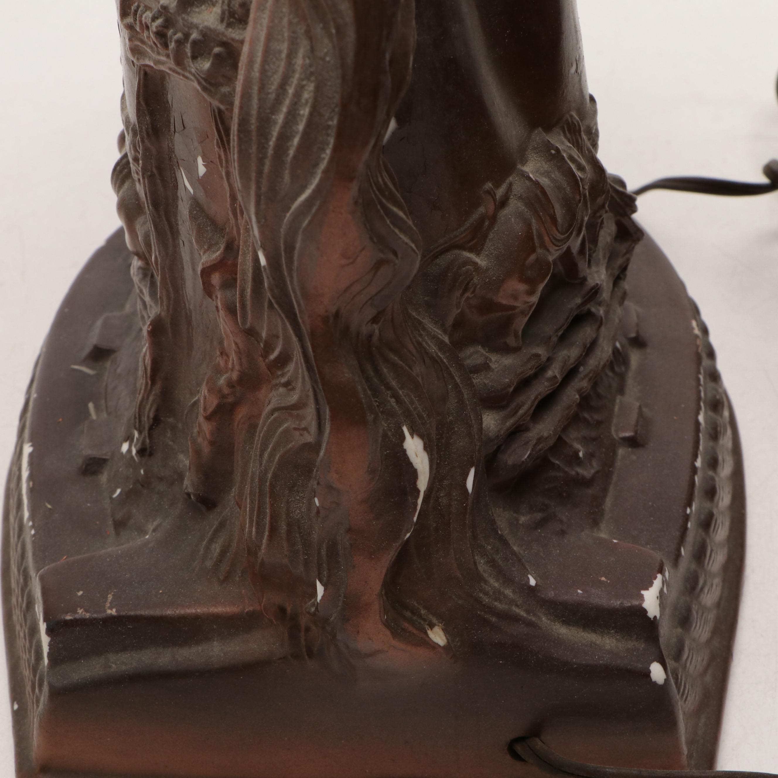 Pair of Chalkware "Lucky U Ranch" Horse Head Table Lamps with Red Shades