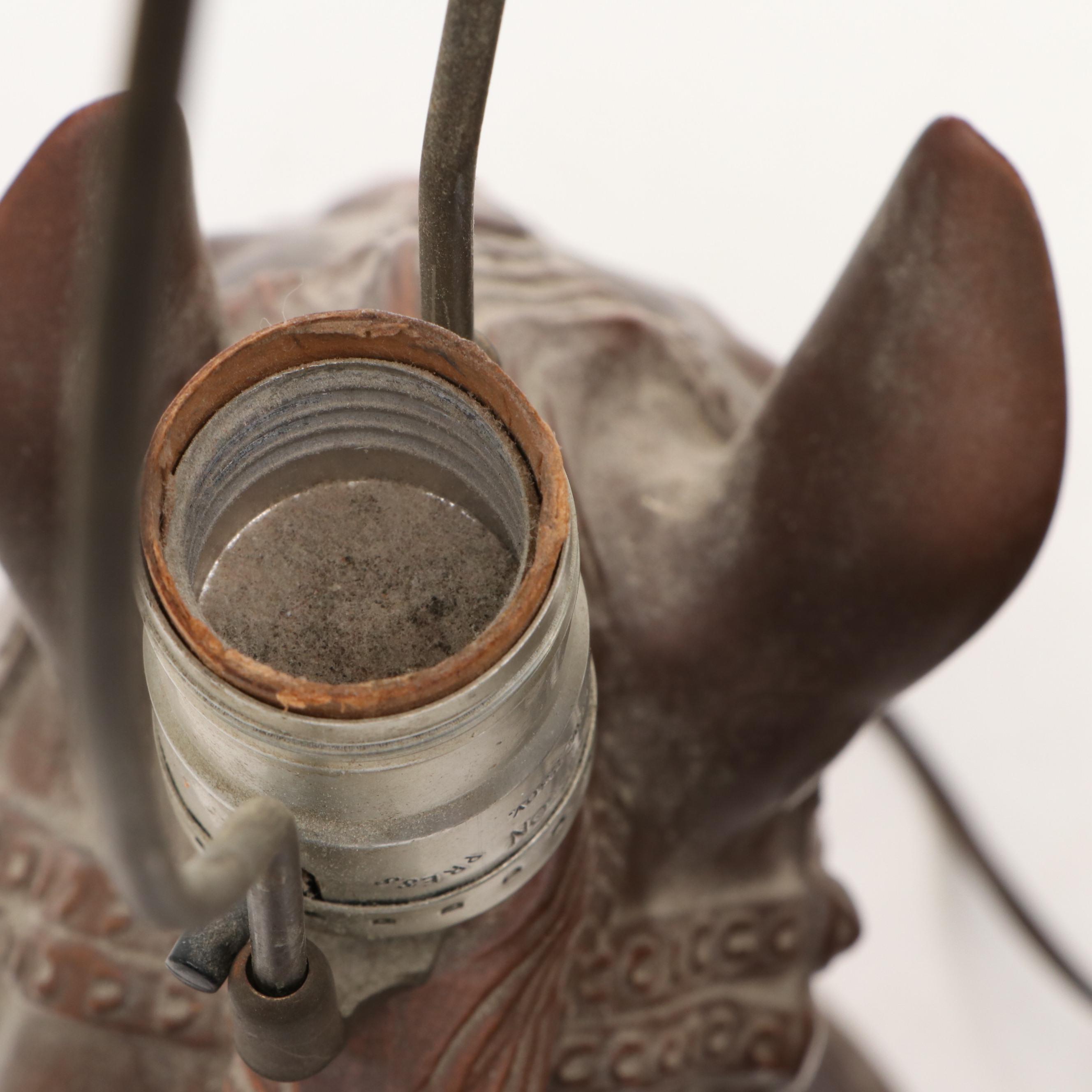 Pair of Chalkware "Lucky U Ranch" Horse Head Table Lamps with Red Shades