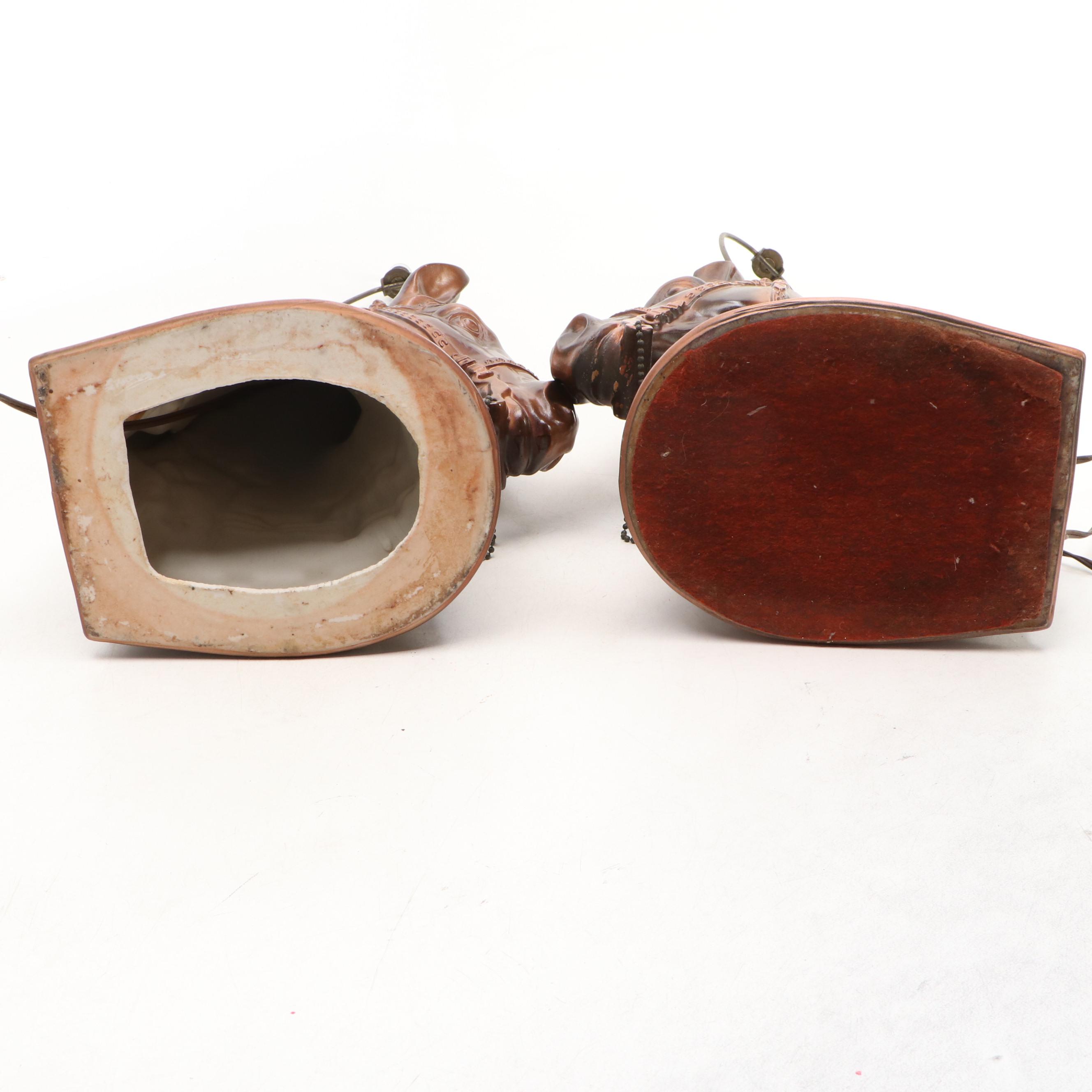 Pair of Chalkware "Lucky U Ranch" Horse Head Table Lamps with Red Shades