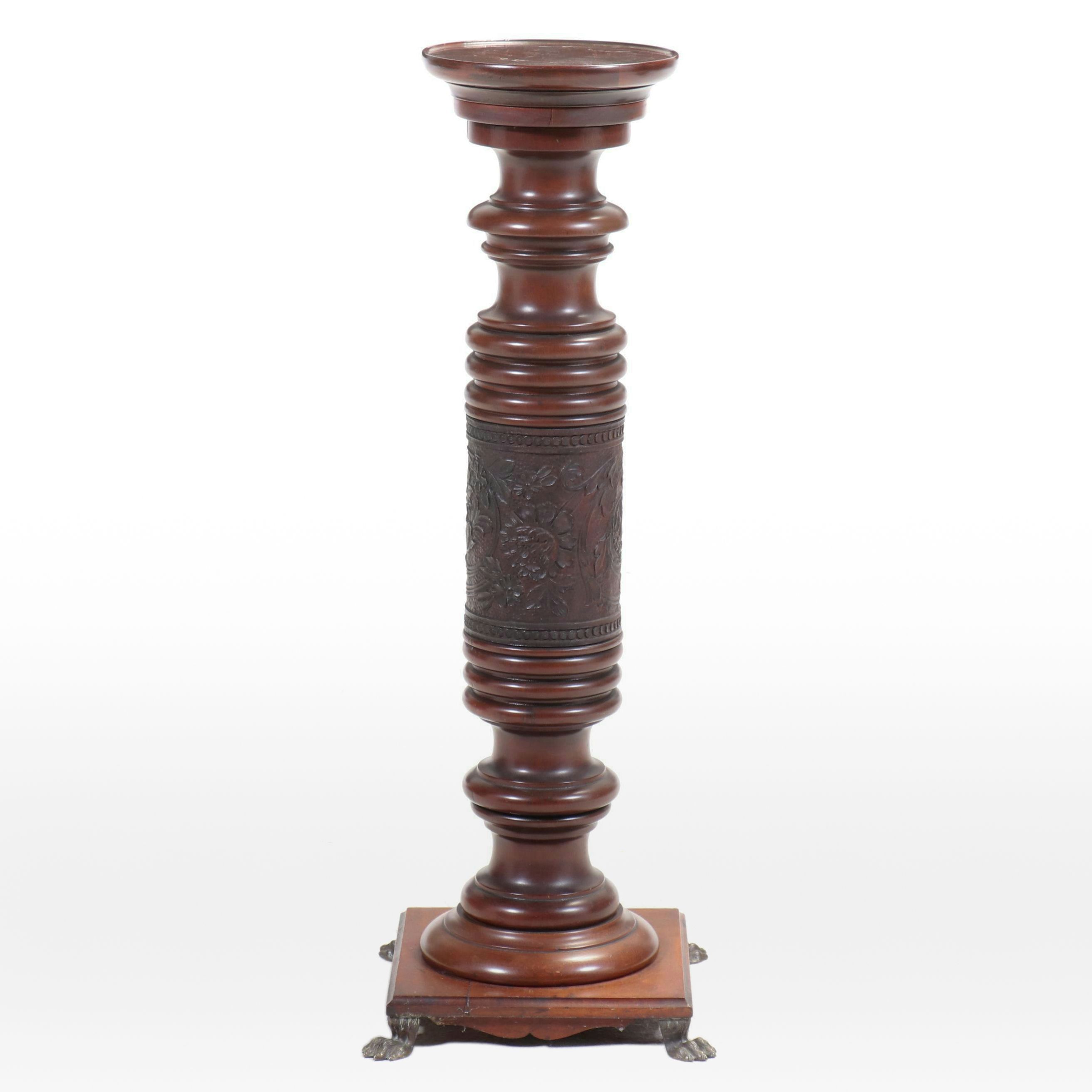 Carved Mahogany Plant Stand with Claw Feet, 20th Century