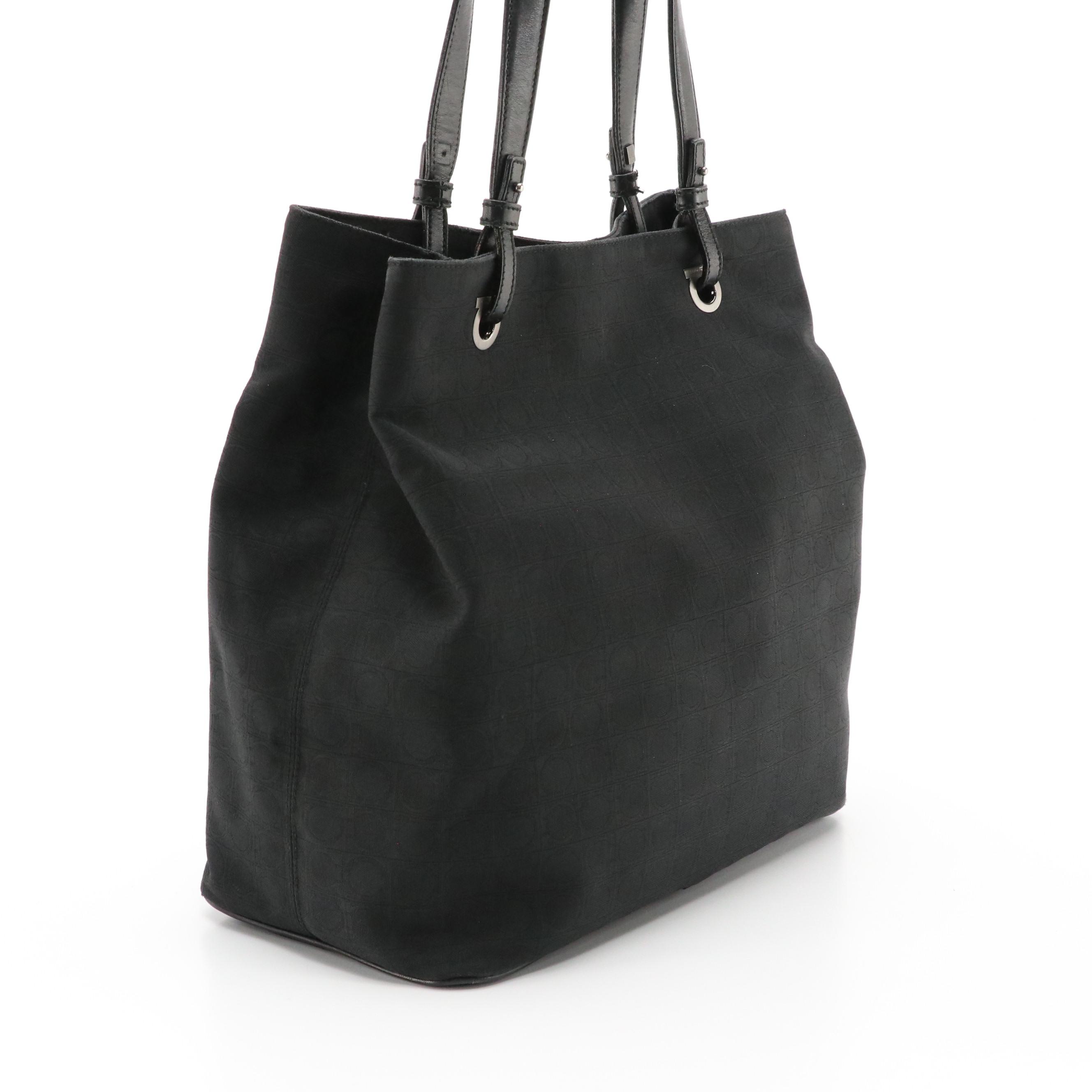 Salvatore Ferragamo Black Gancini Jacquard and Leather Shoulder Bag