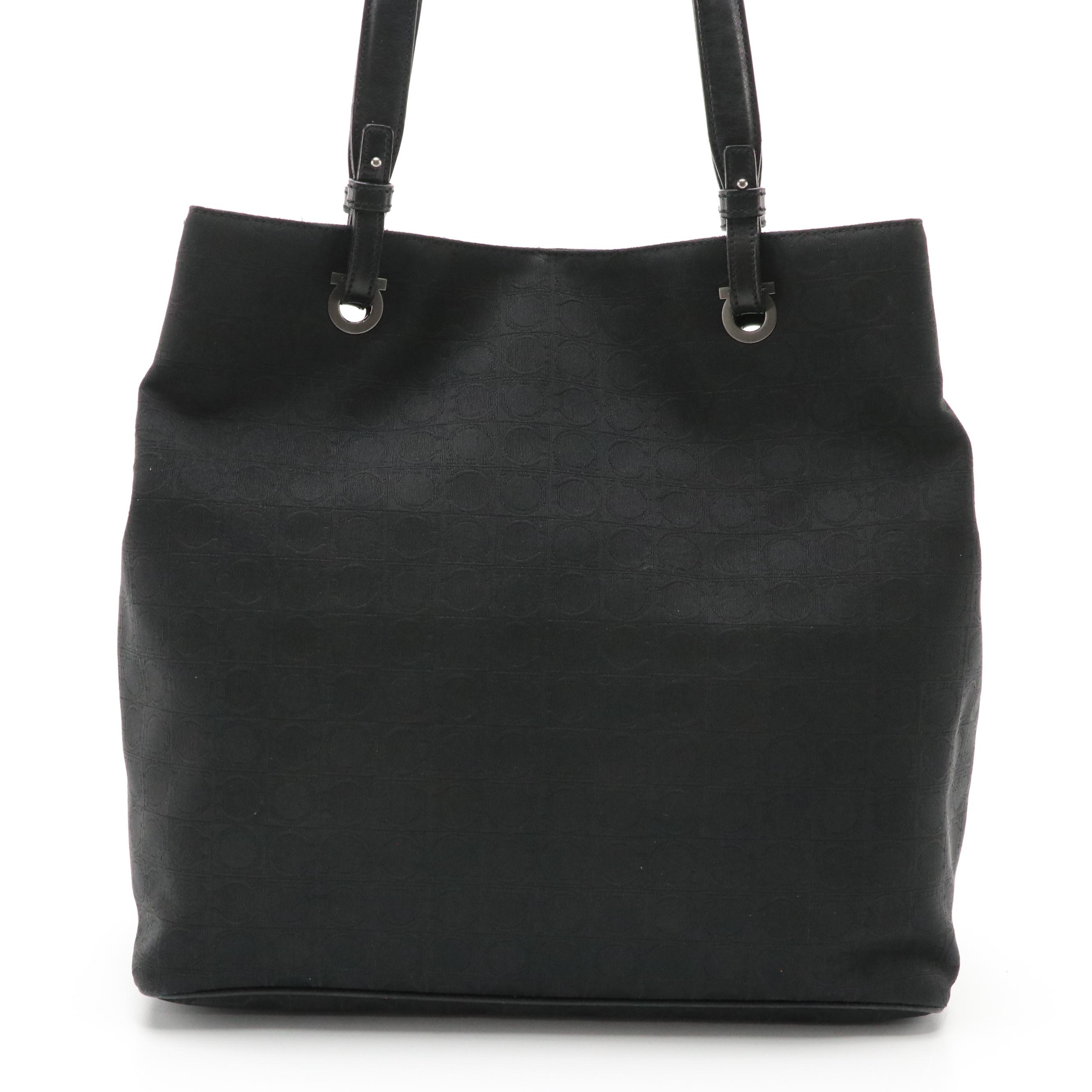 Salvatore Ferragamo Black Gancini Jacquard and Leather Shoulder Bag