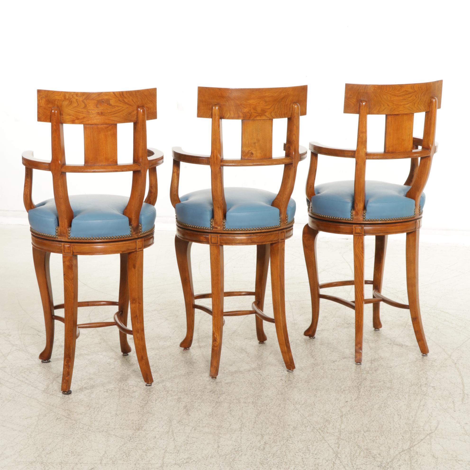 Three Leather Upholstered Walnut Swivel Bar Stools, 21st Century