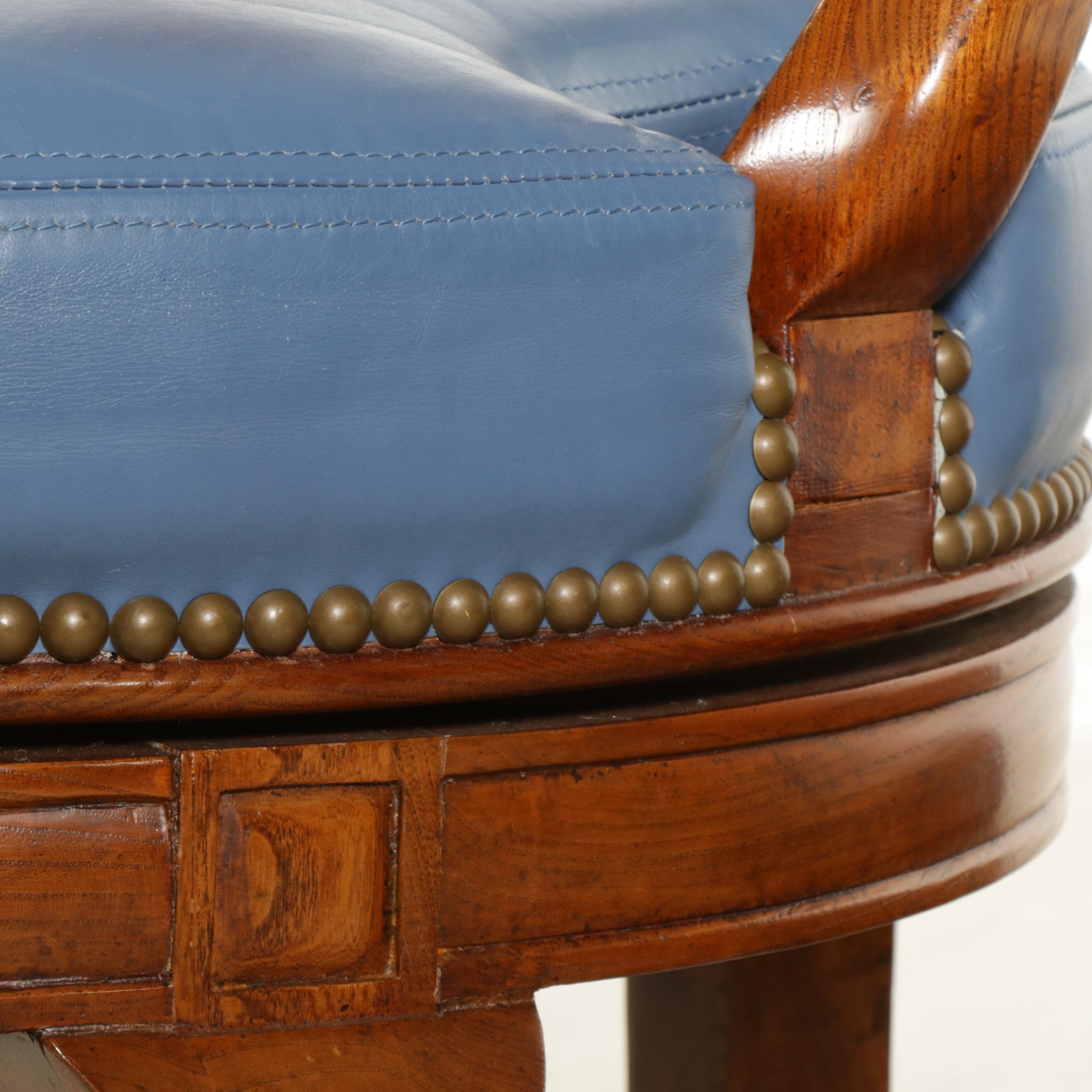 Three Leather Upholstered Walnut Swivel Bar Stools, 21st Century