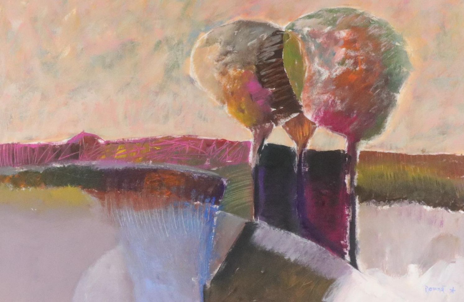 Downe Burns Stylized Landscape Acrylic Painting, Circa 2000