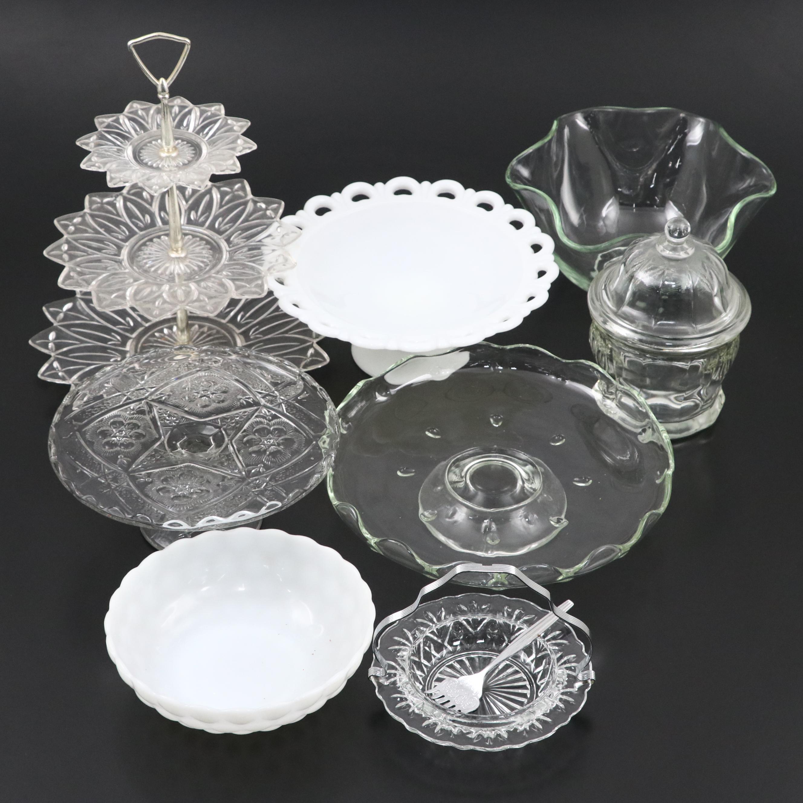 Indiana Glass "Rayed Flower" Cake Stand with Other Table Accessories, 20th C.