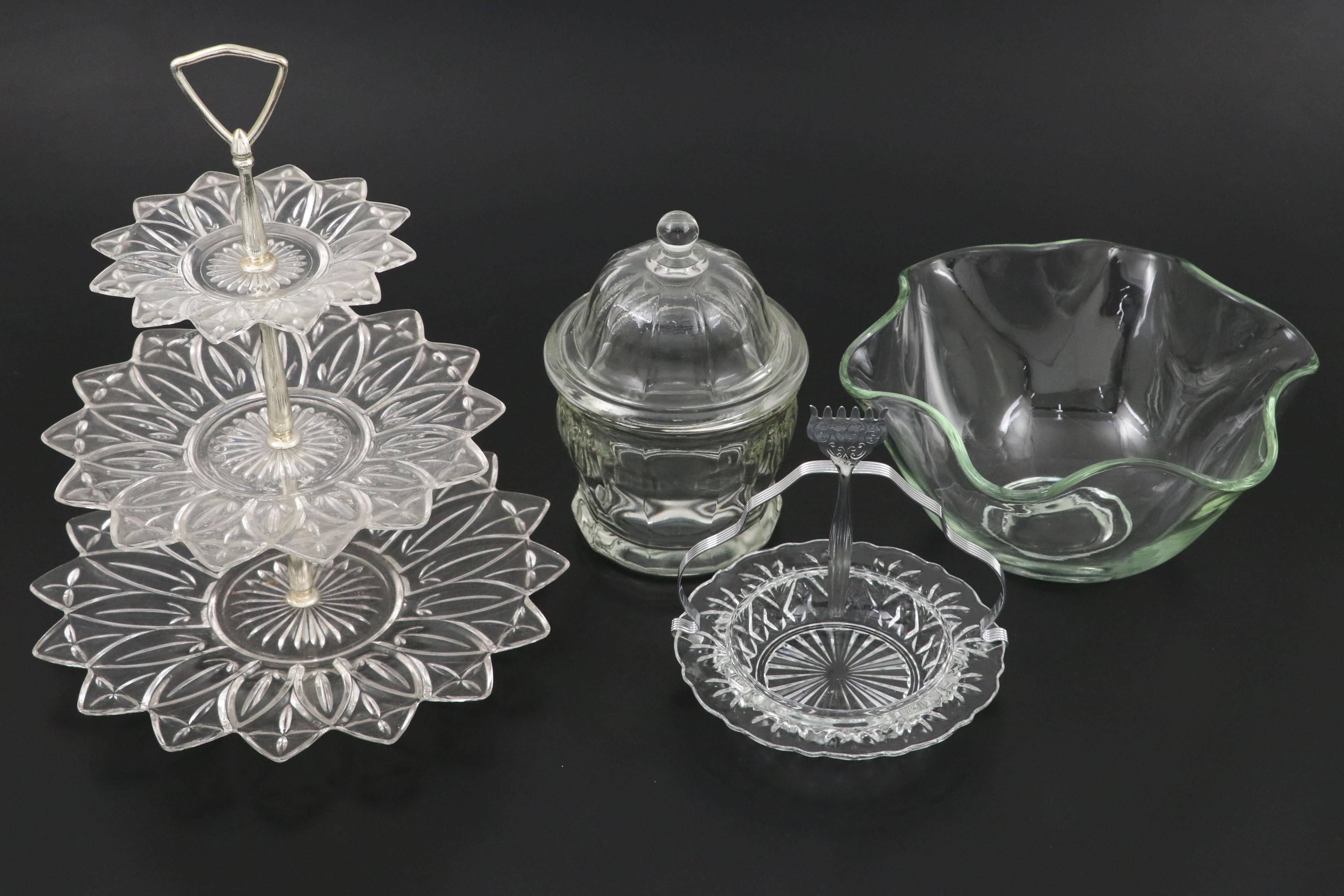 Indiana Glass "Rayed Flower" Cake Stand with Other Table Accessories, 20th C.