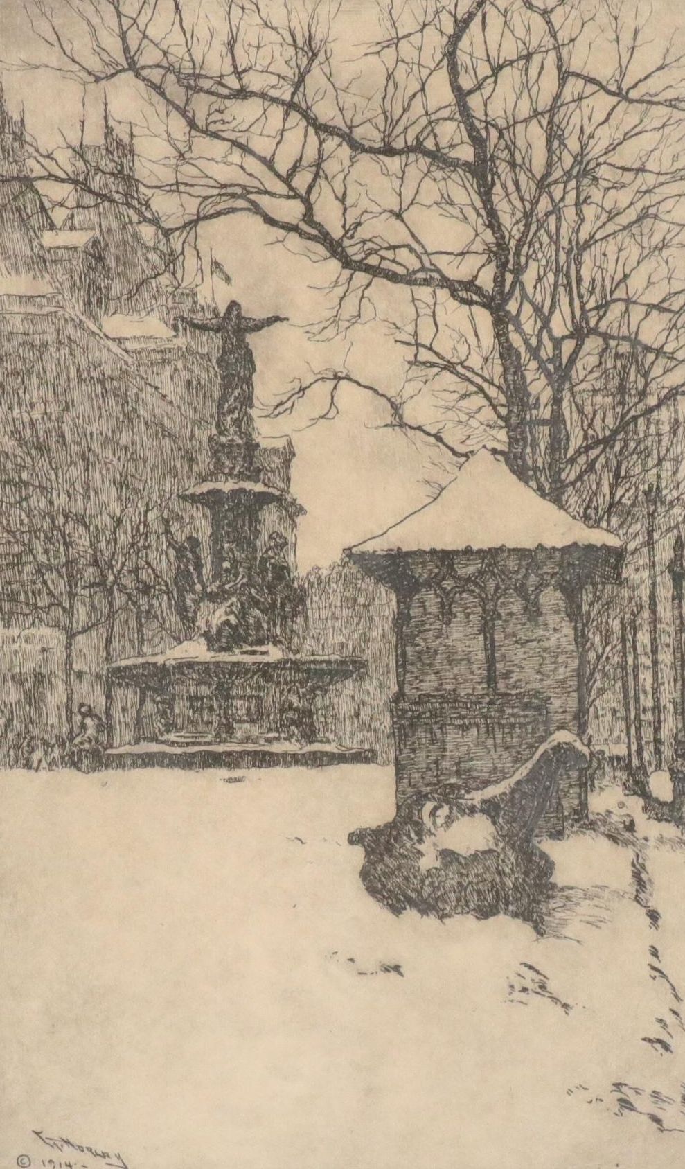 Edward T. Hurley Etching "Fountain in the Snow," Early 20th Century