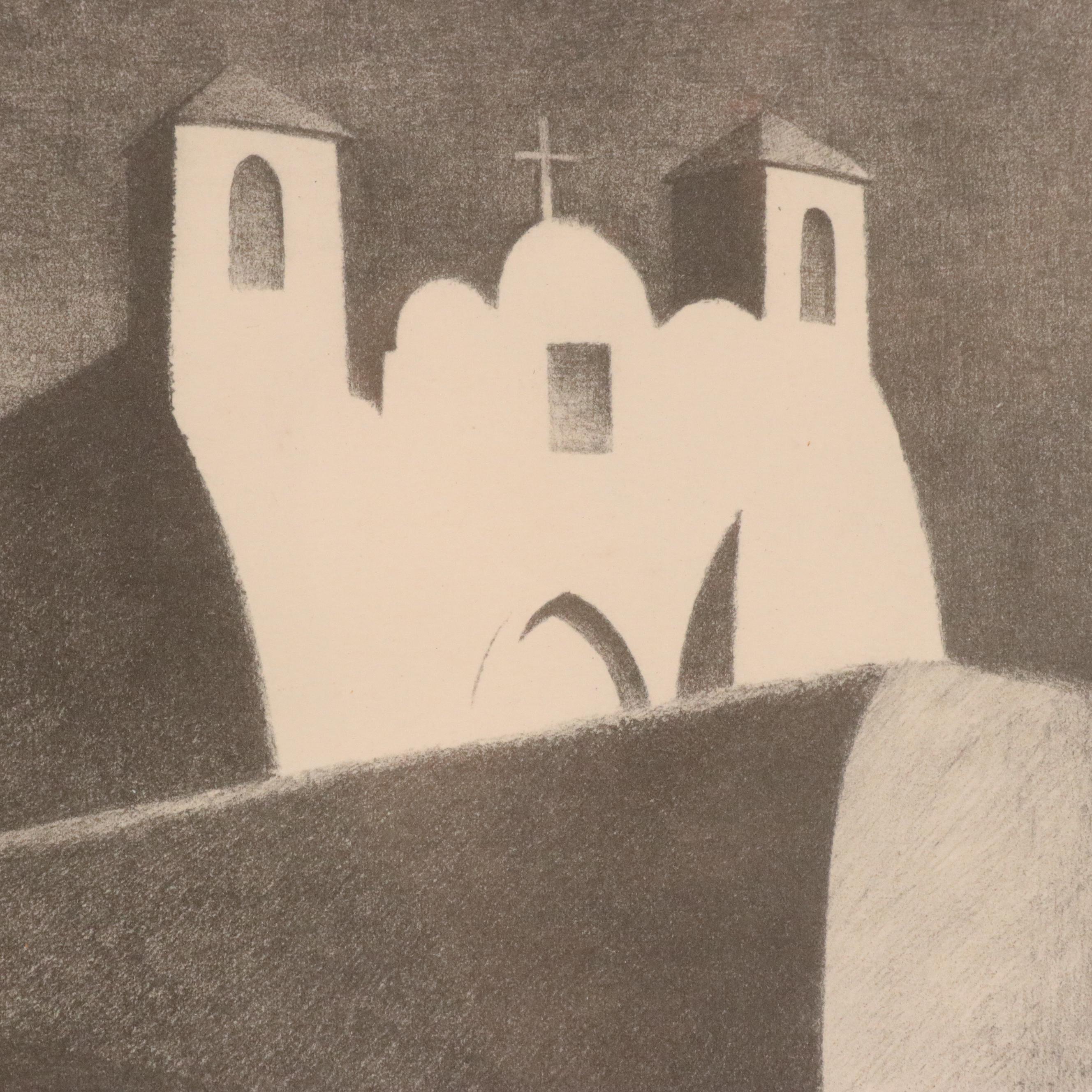 After Kenneth M. Adams Halftone "Ranchos de Taos Church - Moonlight"