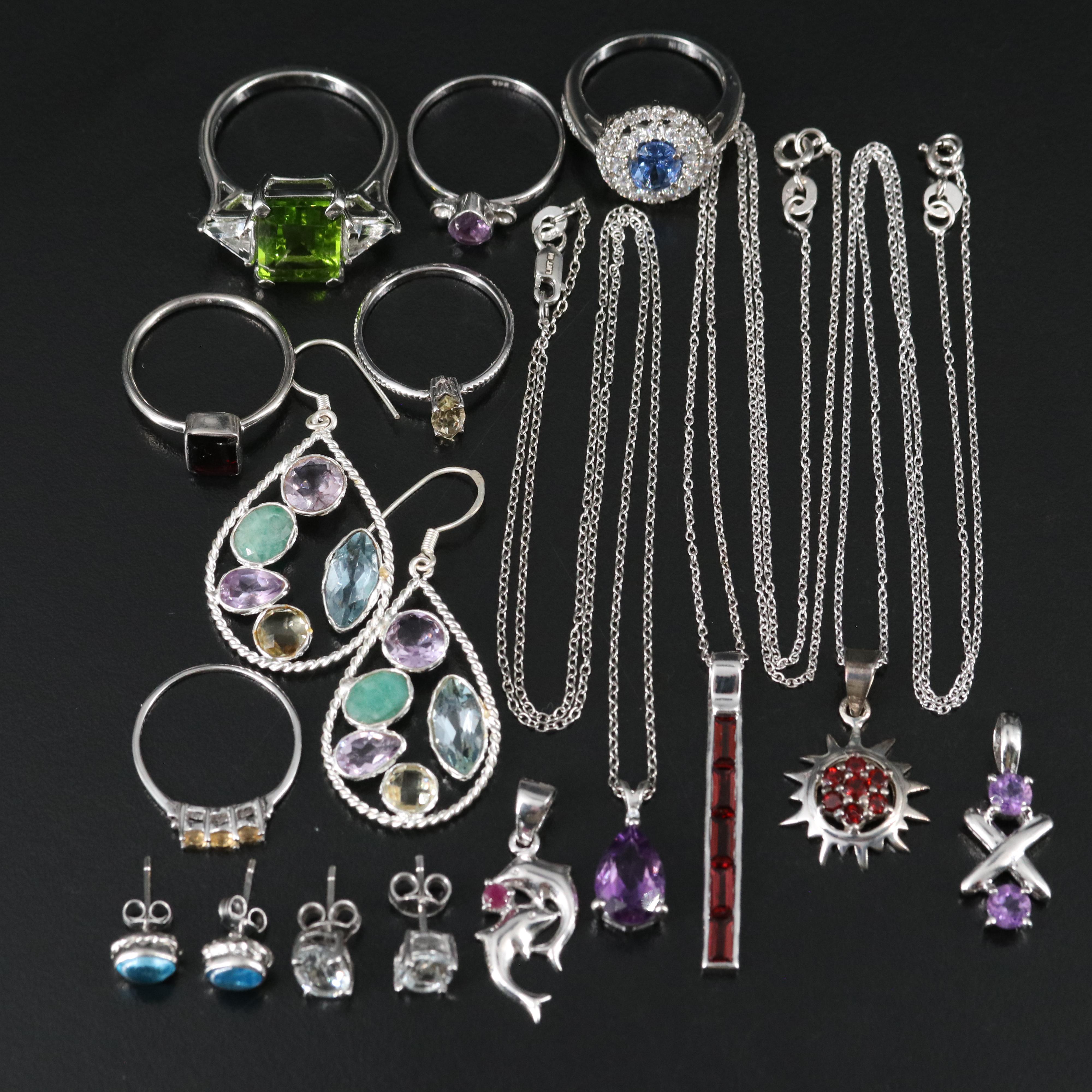 14 Assorted Sterling Silver Rings, Necklaces, Earrings, and Pendants