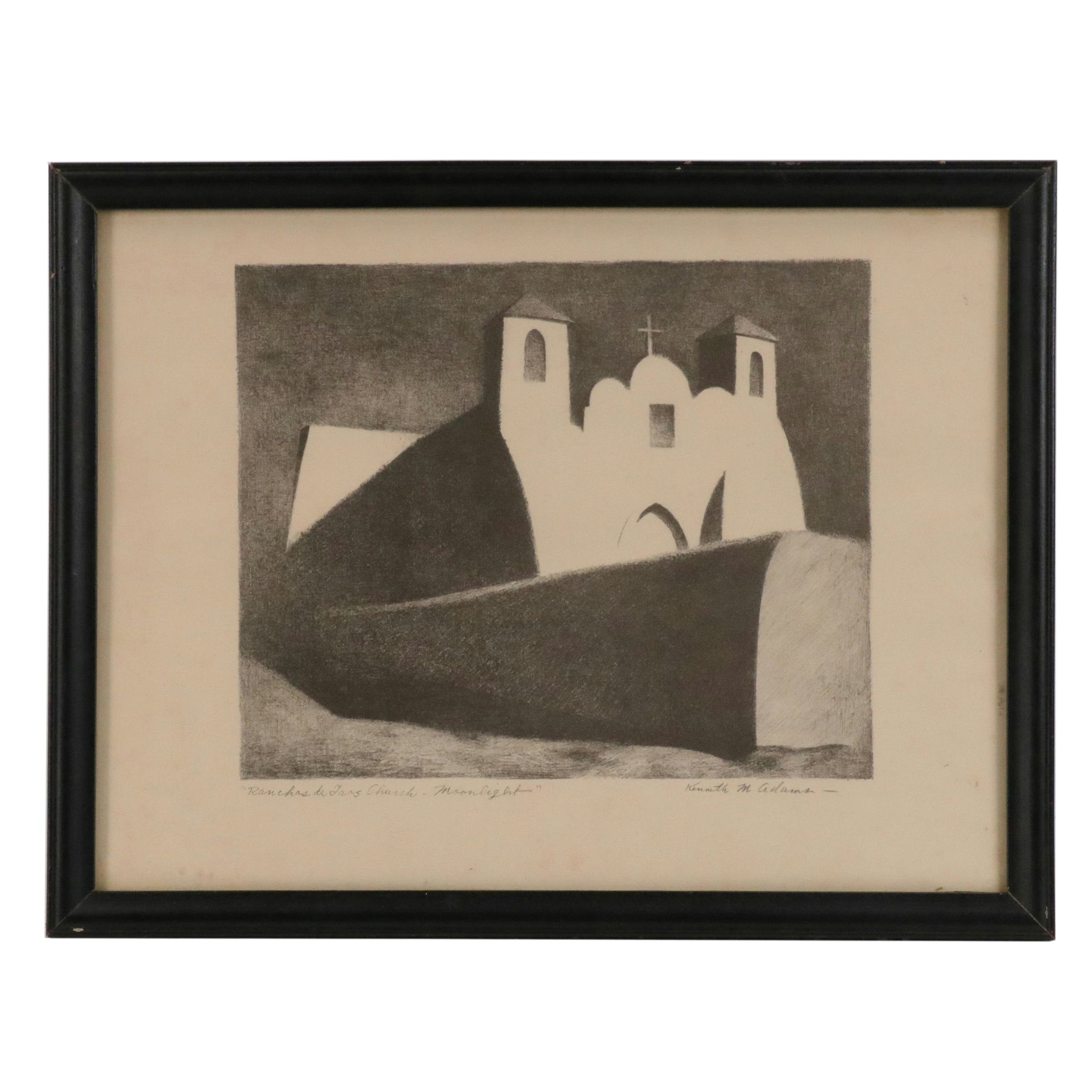 After Kenneth M. Adams Halftone "Ranchos de Taos Church - Moonlight"