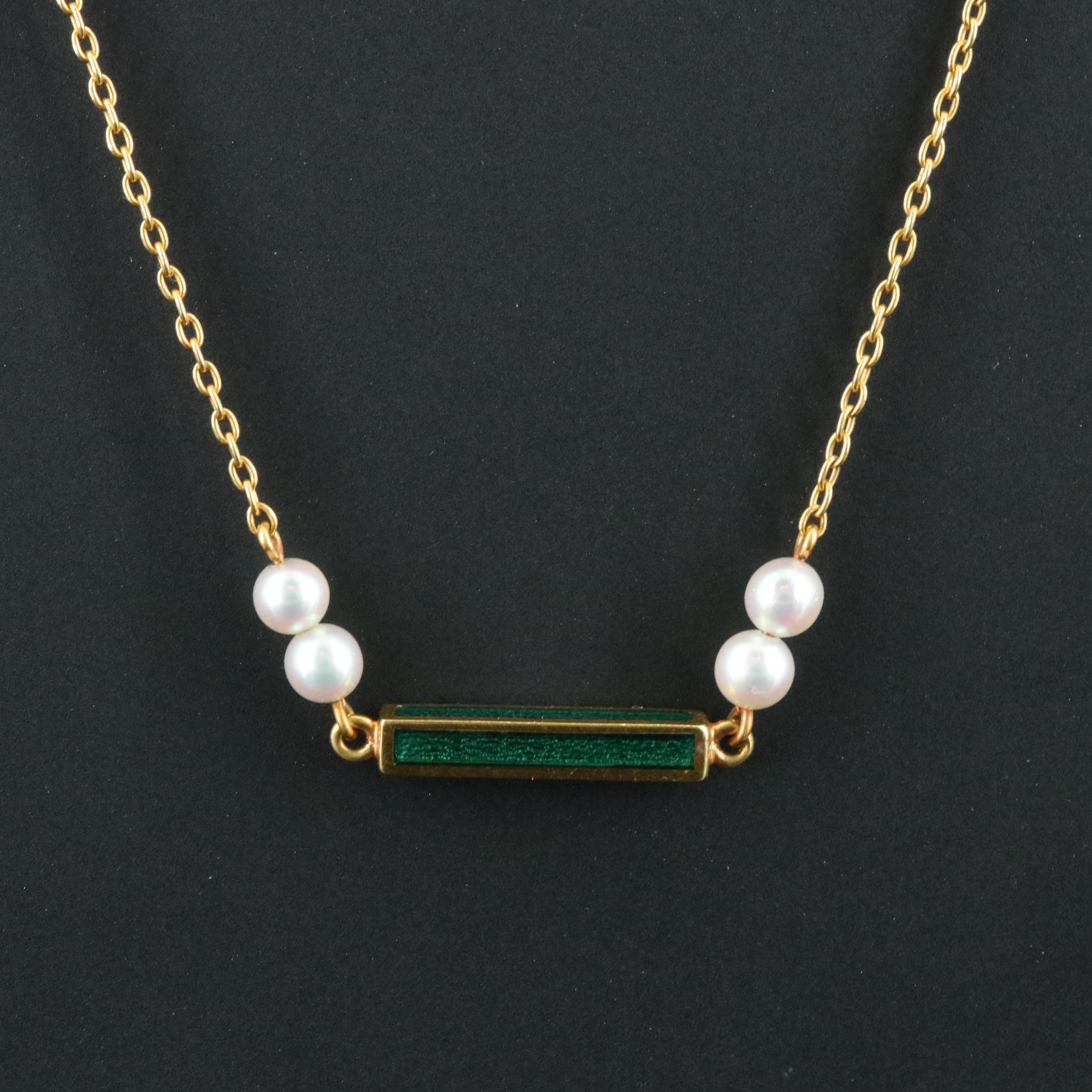 Mikimoto 18K Pearl and Green Enamel Bar Necklace