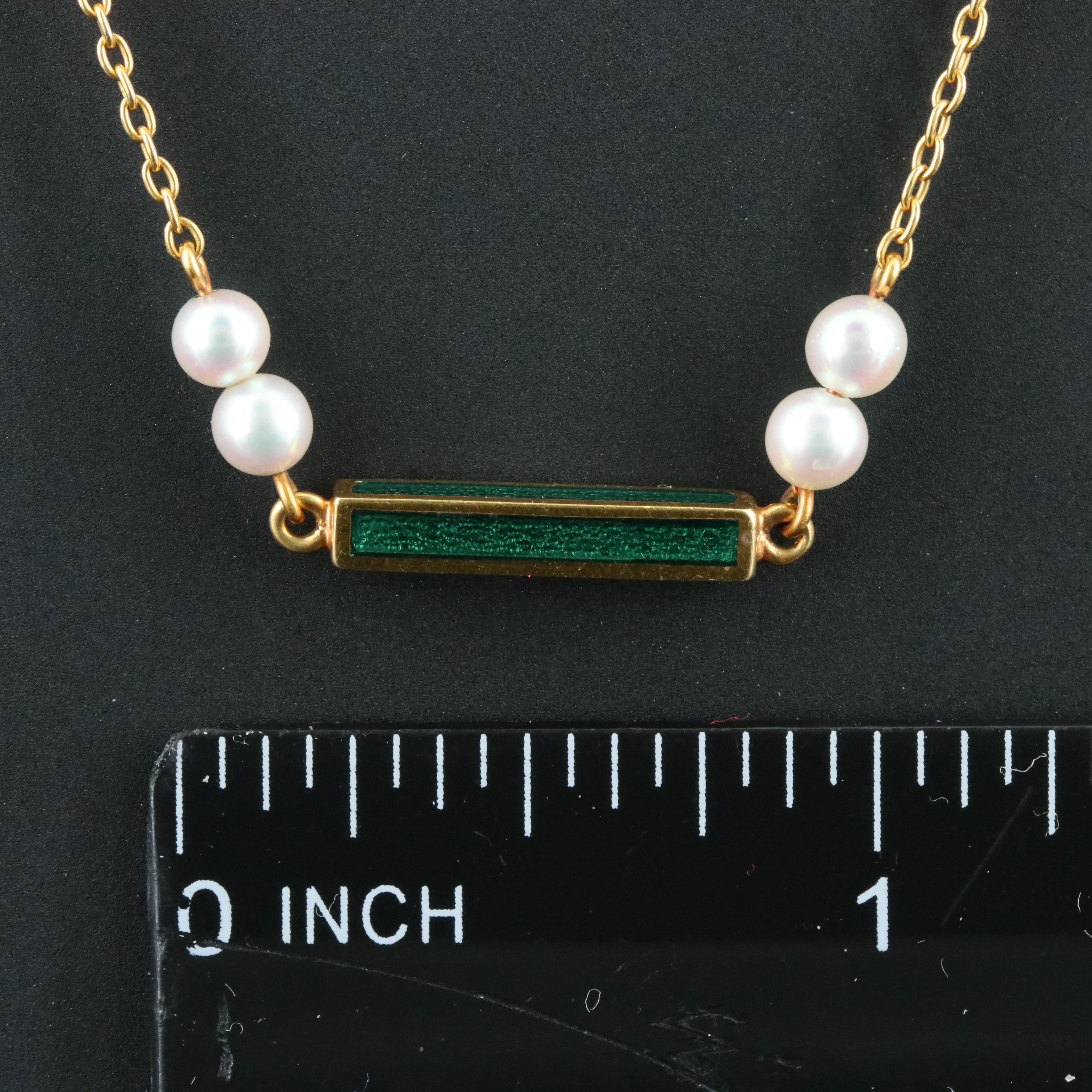 Mikimoto 18K Pearl and Green Enamel Bar Necklace