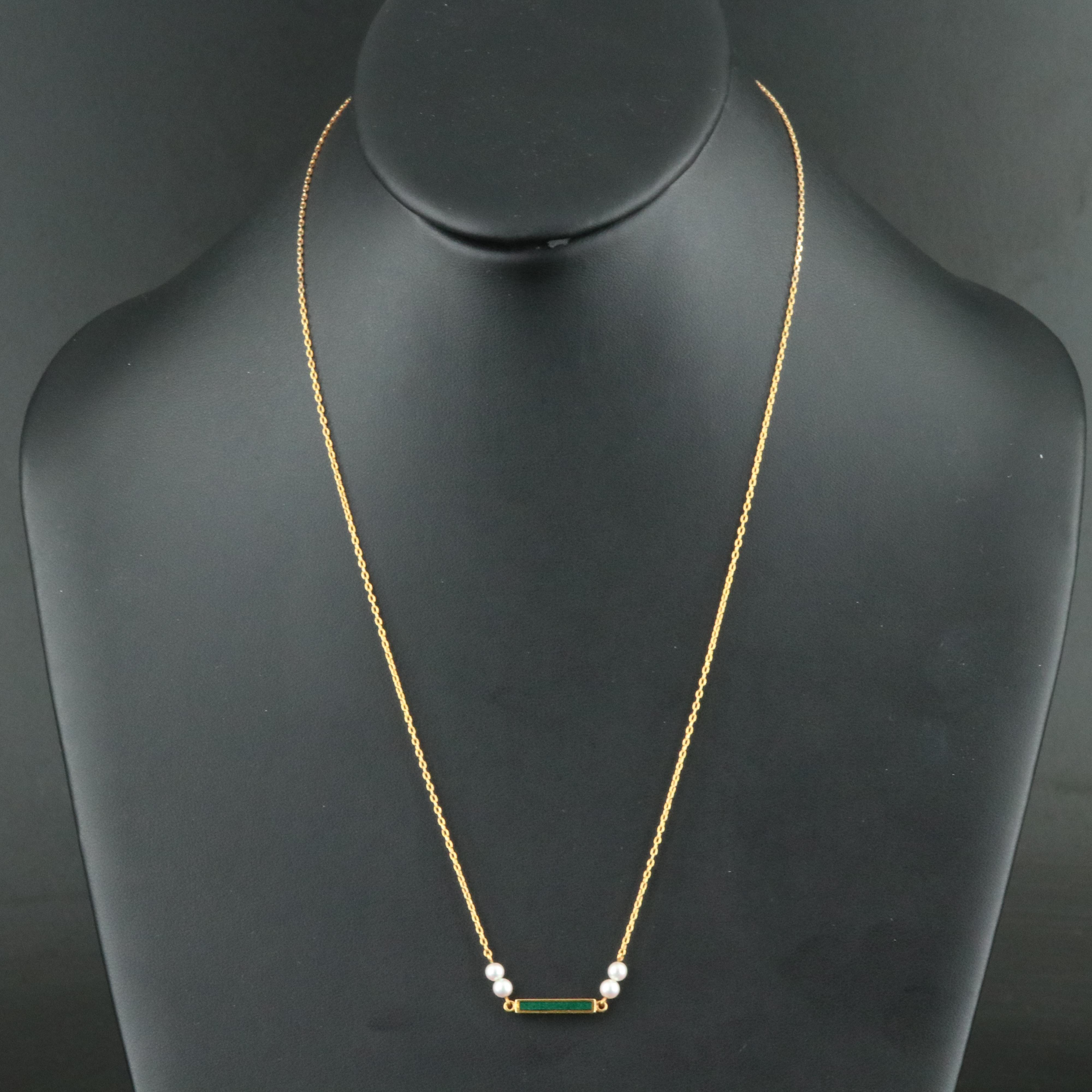 Mikimoto 18K Pearl and Green Enamel Bar Necklace