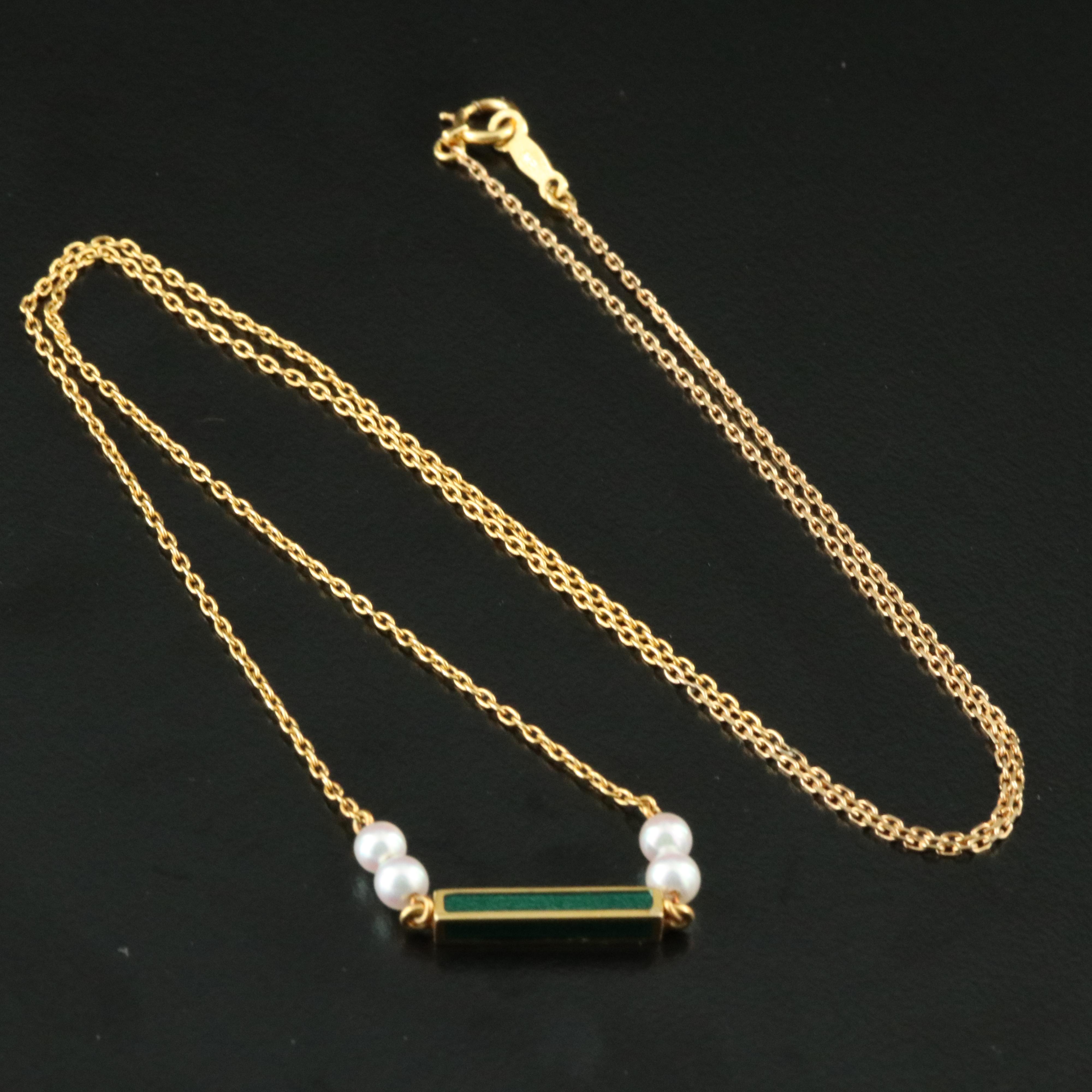 Mikimoto 18K Pearl and Green Enamel Bar Necklace