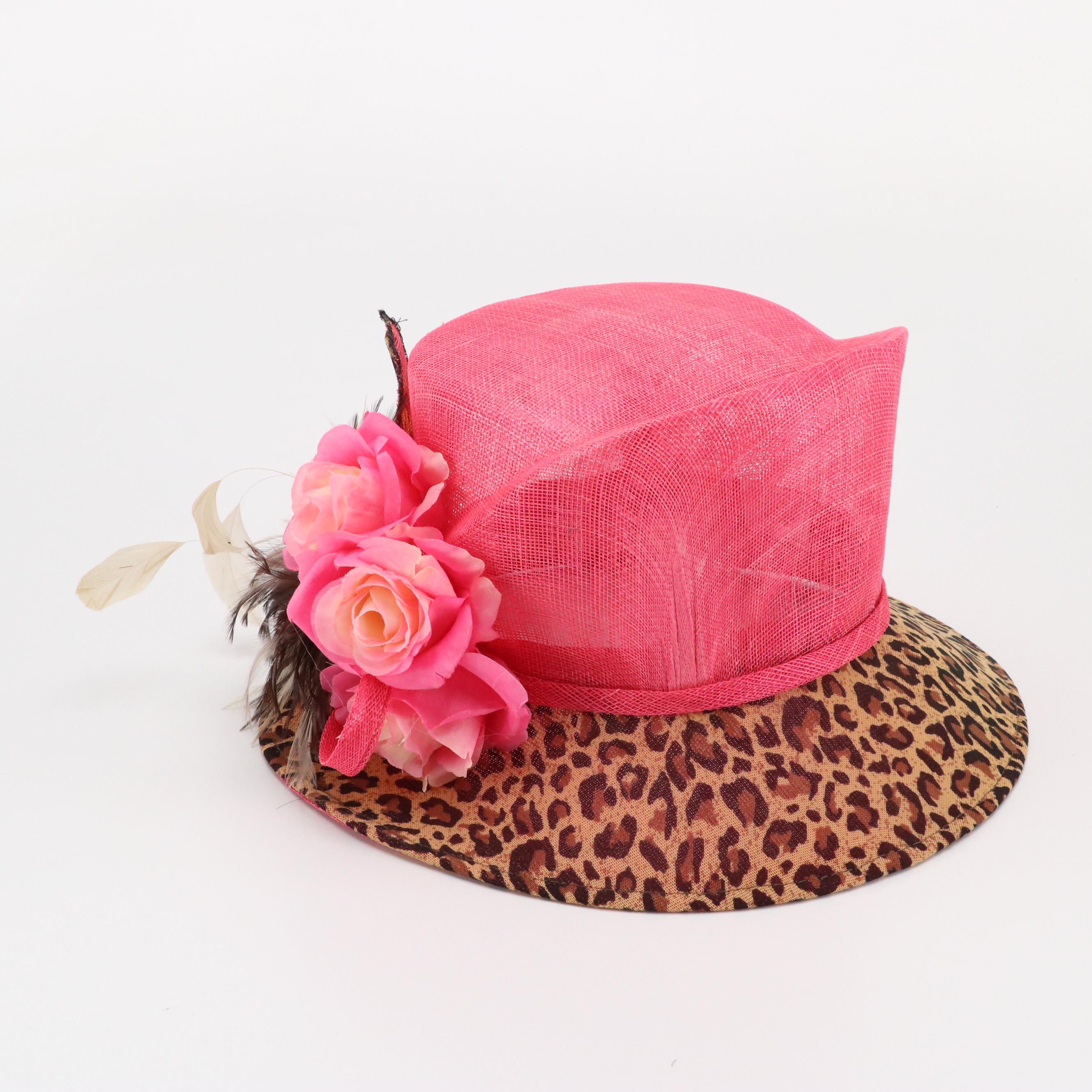 Hot Pink and Leopard Print Embellished Straw Derby Hat