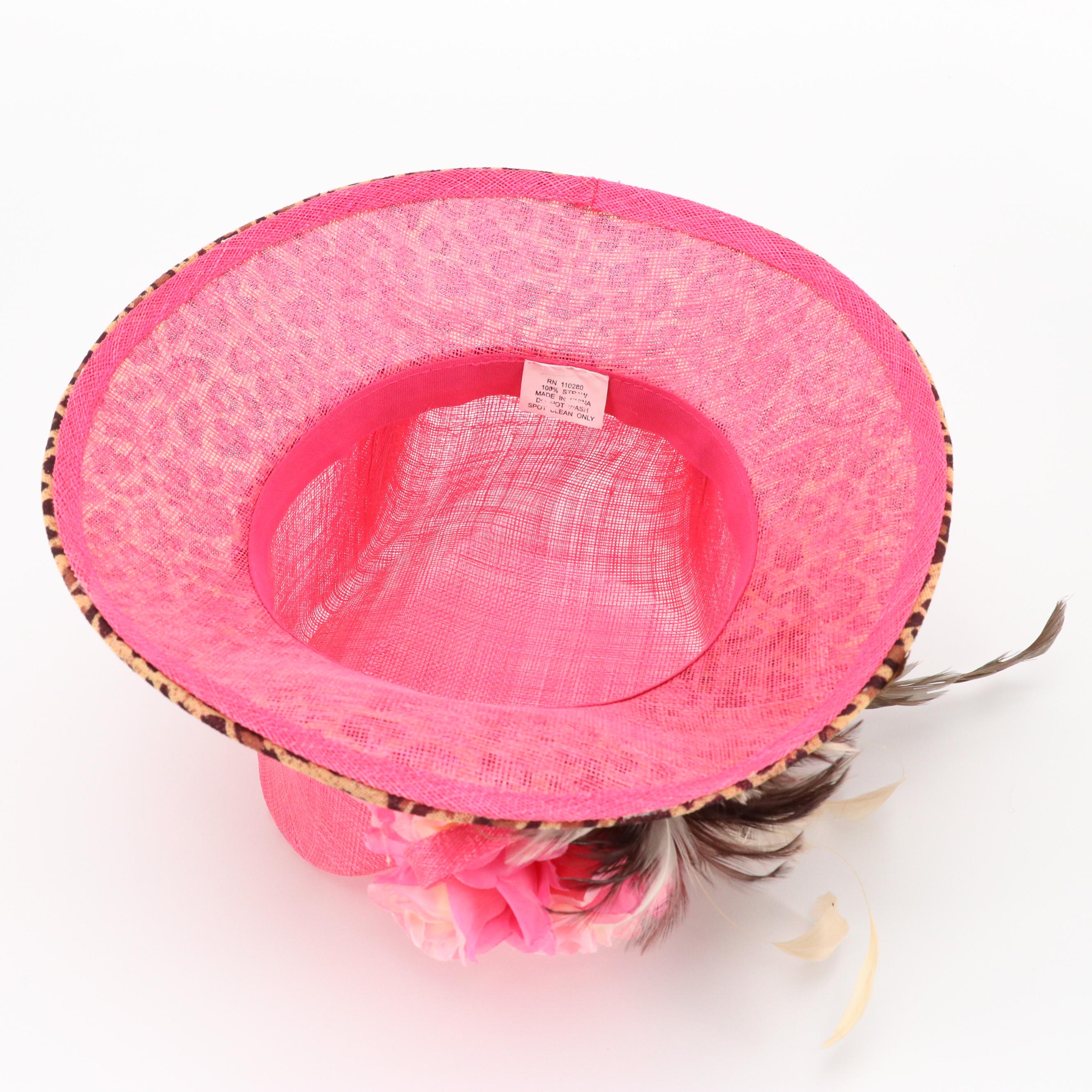 Hot Pink and Leopard Print Embellished Straw Derby Hat