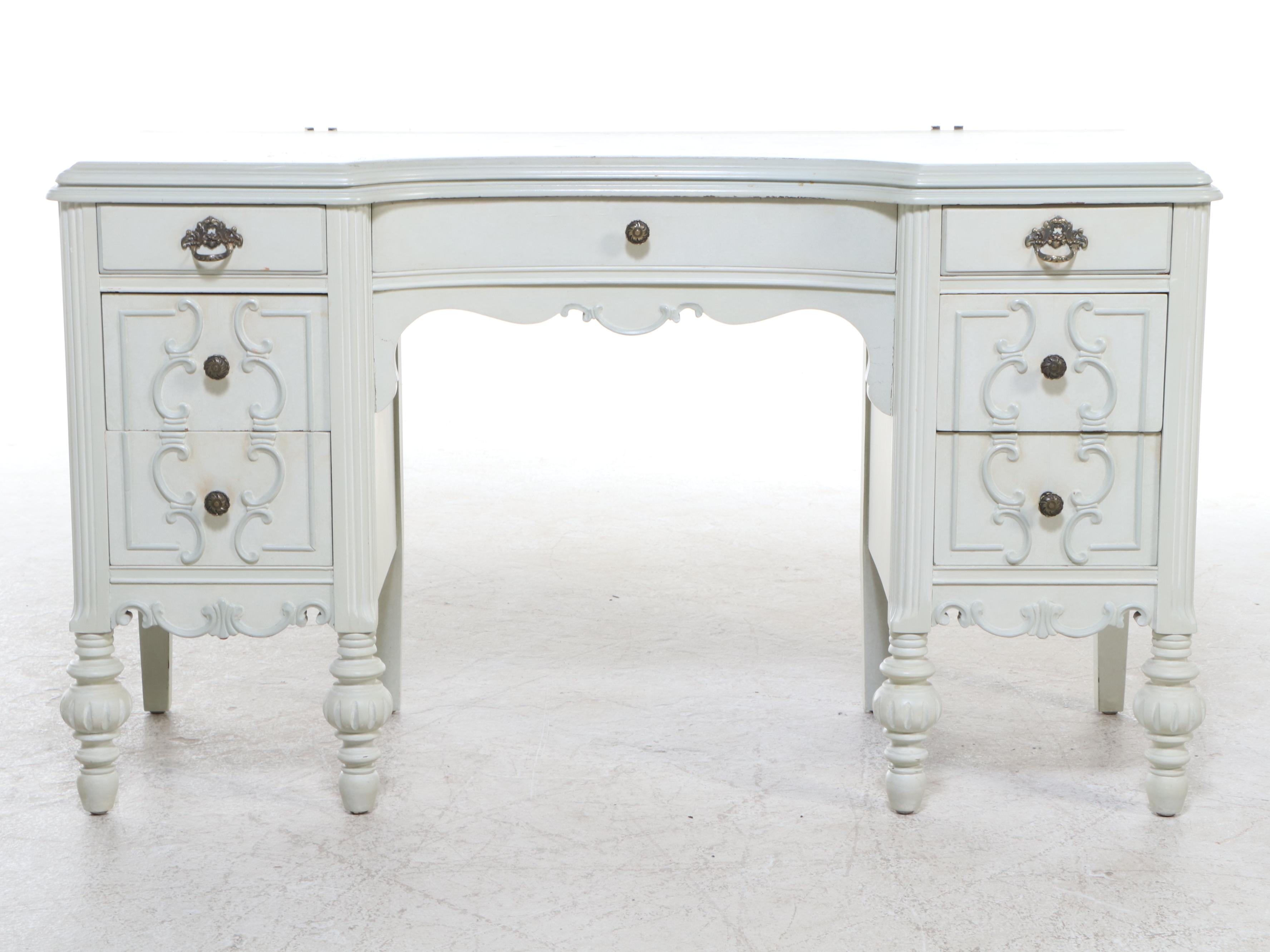 French Provincial Style Painted Wood Vanity with Skirted Stool