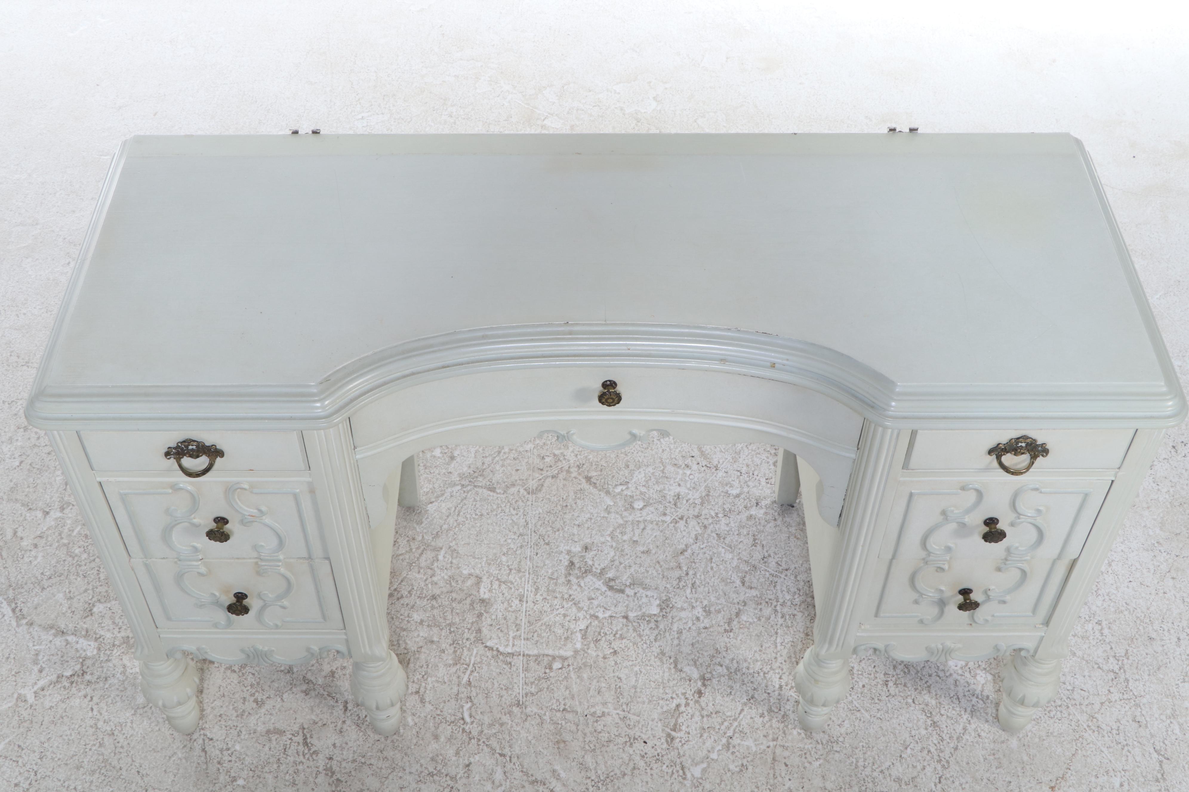 French Provincial Style Painted Wood Vanity with Skirted Stool