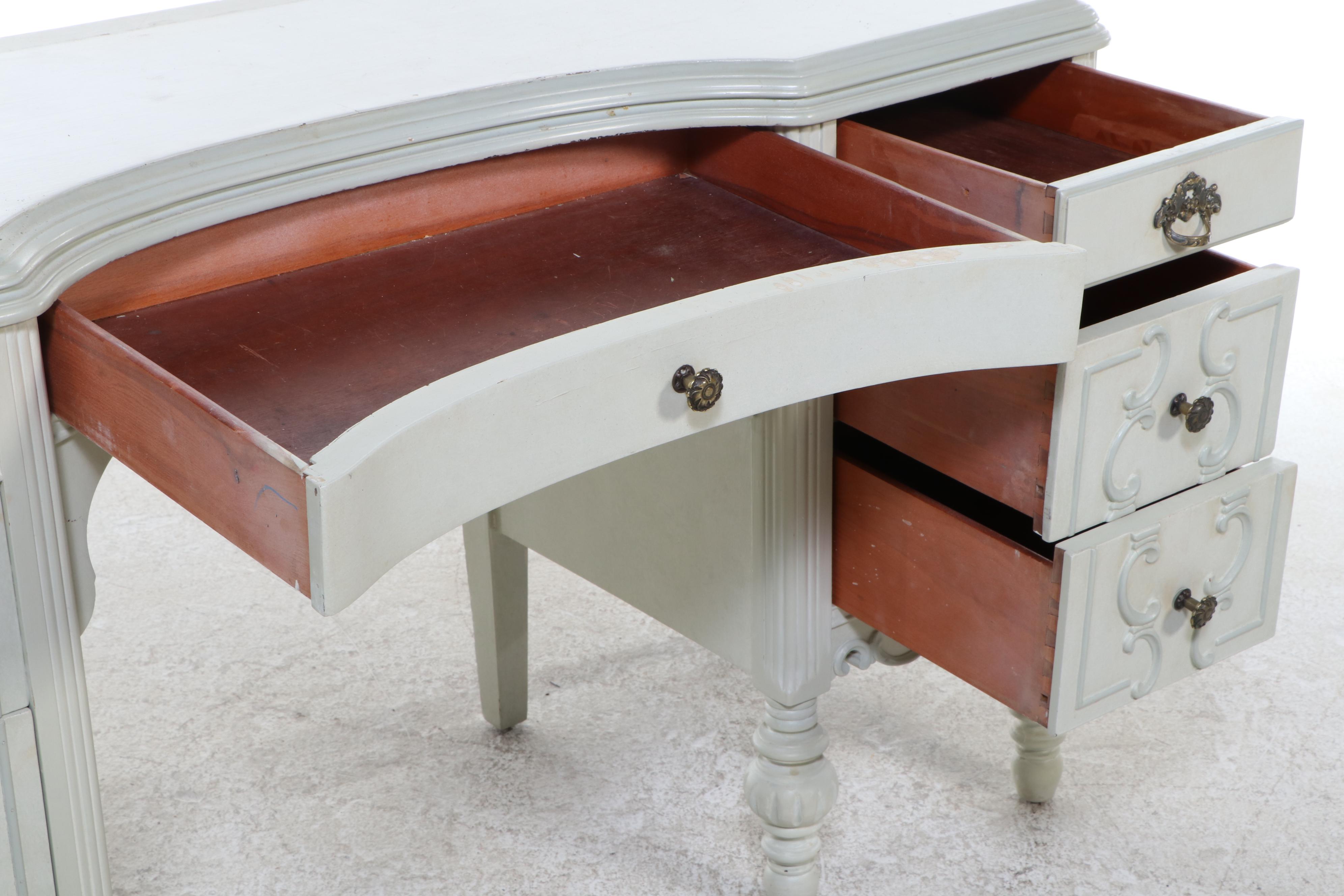 French Provincial Style Painted Wood Vanity with Skirted Stool