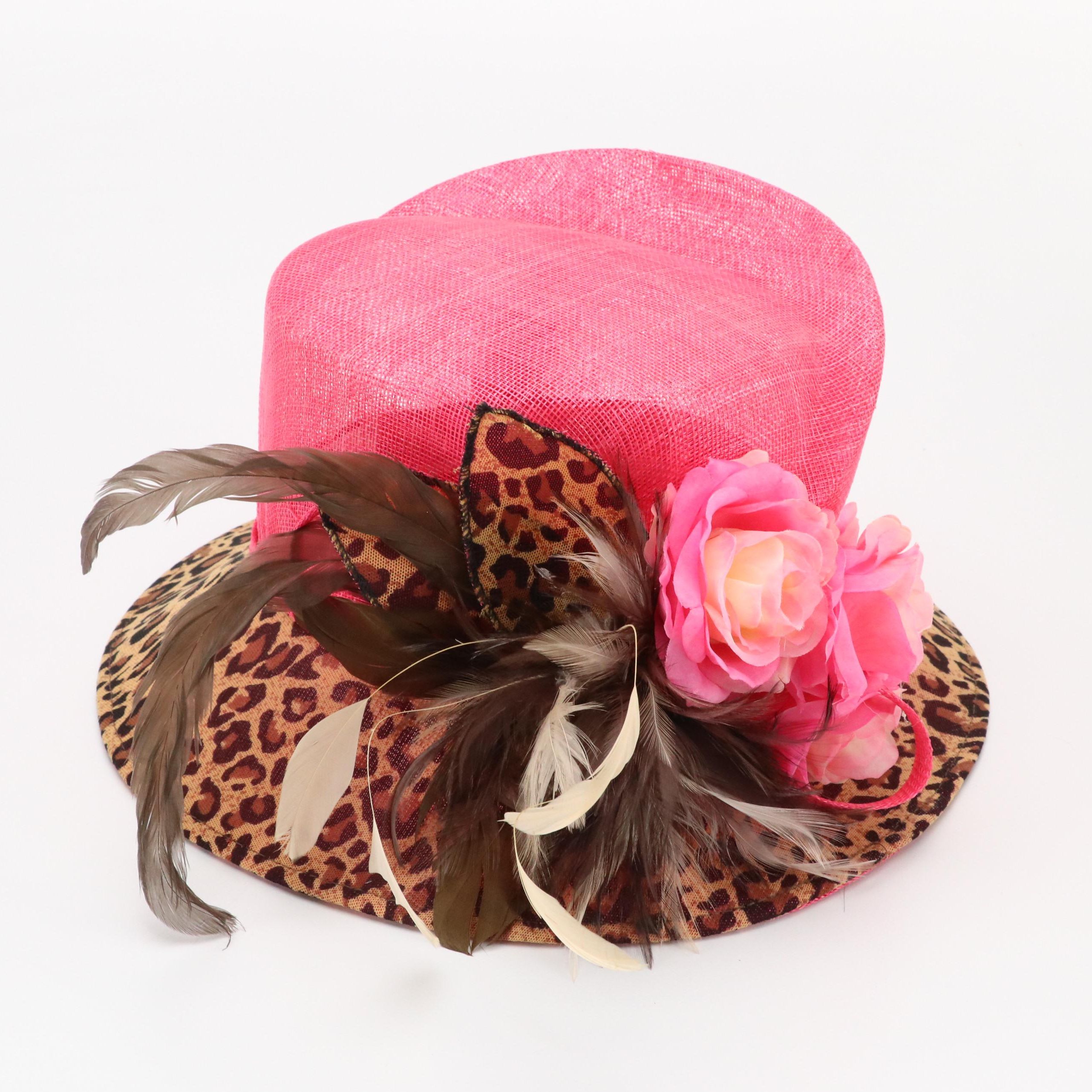 Hot Pink and Leopard Print Embellished Straw Derby Hat