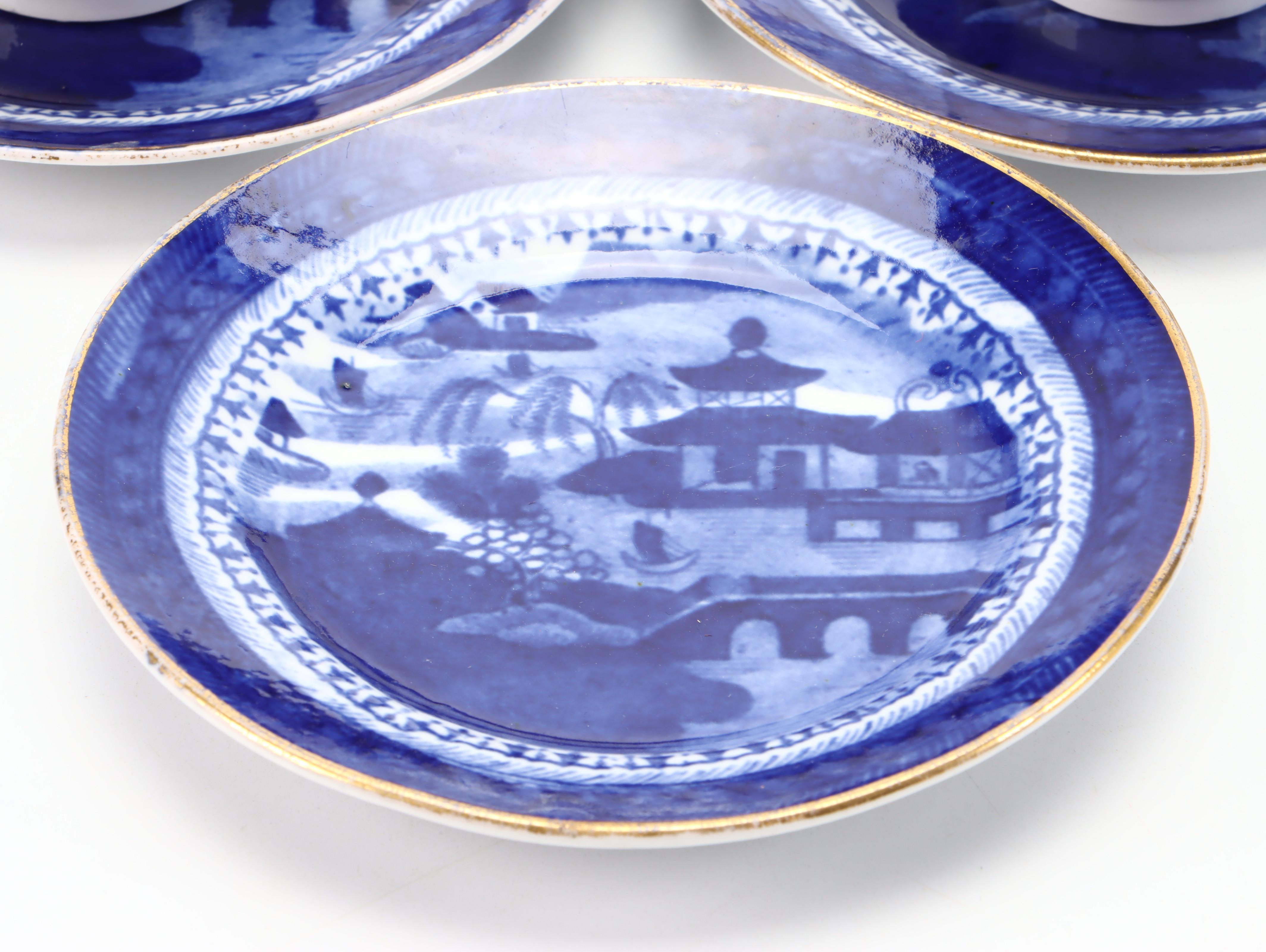 English Pearlware Canton Pattern Tea Bowls and Saucers