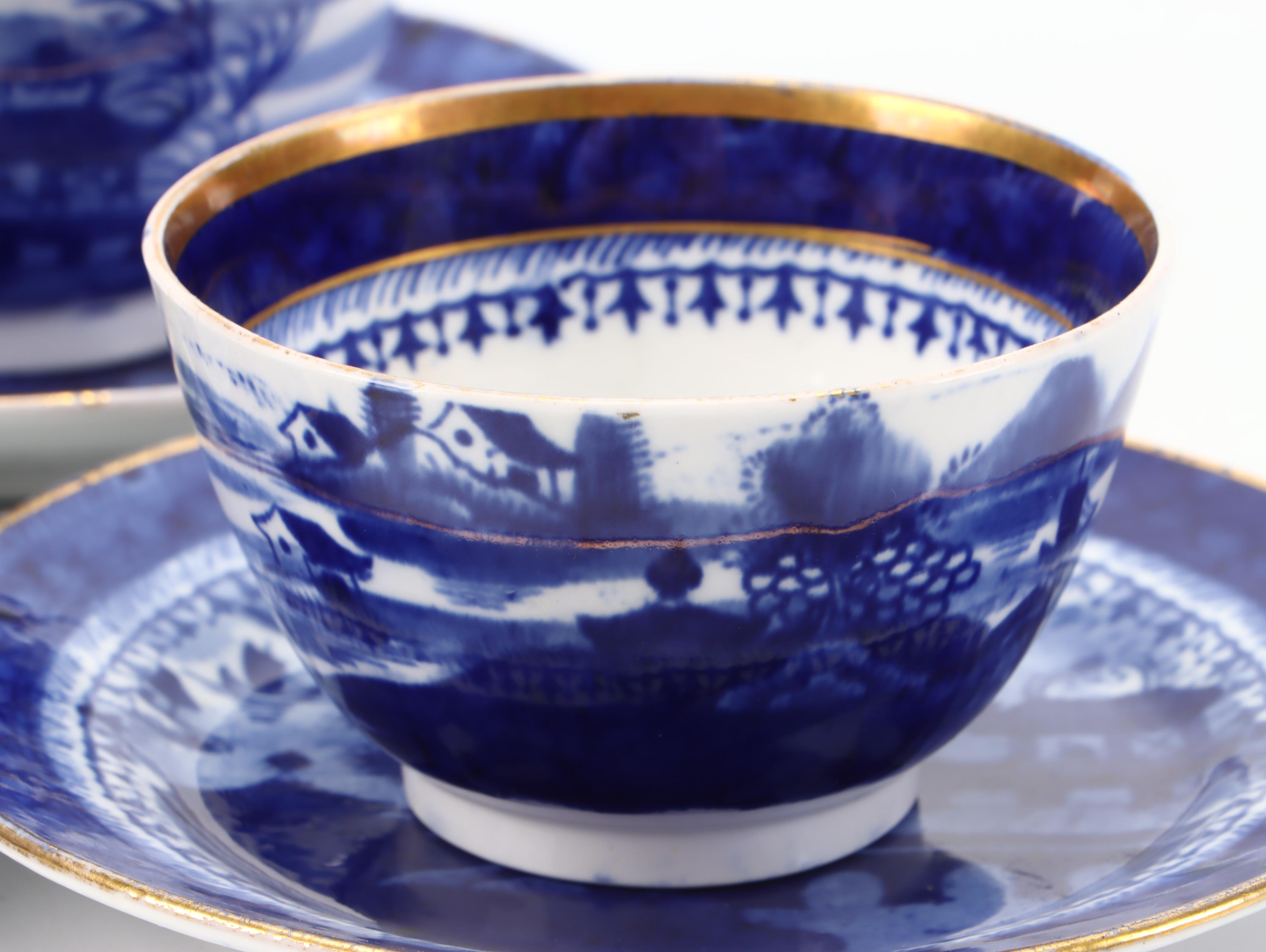 English Pearlware Canton Pattern Tea Bowls and Saucers