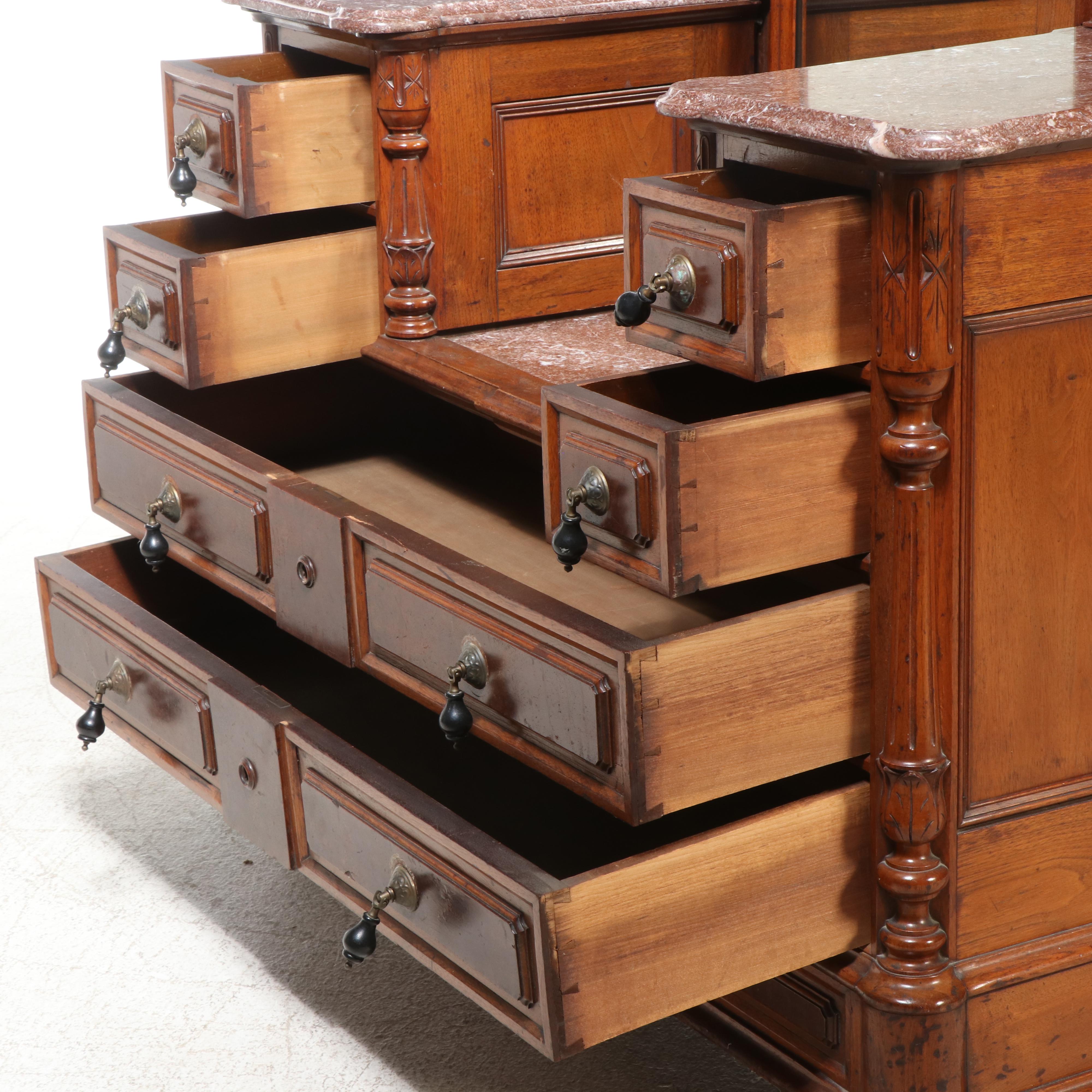 Victorian Eastlake Style Walnut Marble Top Drop Well Dresser, Late 19th Century