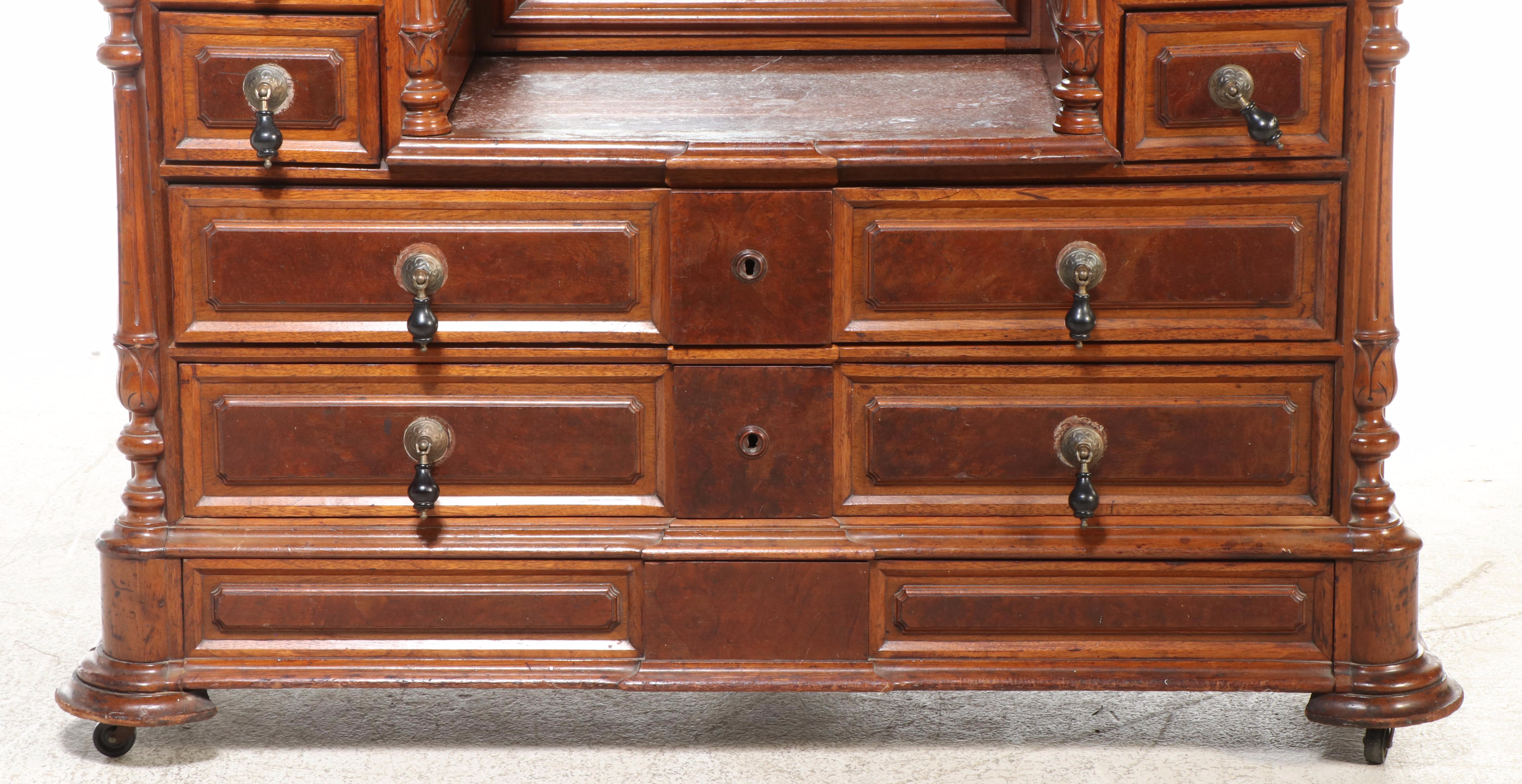 Victorian Eastlake Style Walnut Marble Top Drop Well Dresser, Late 19th Century