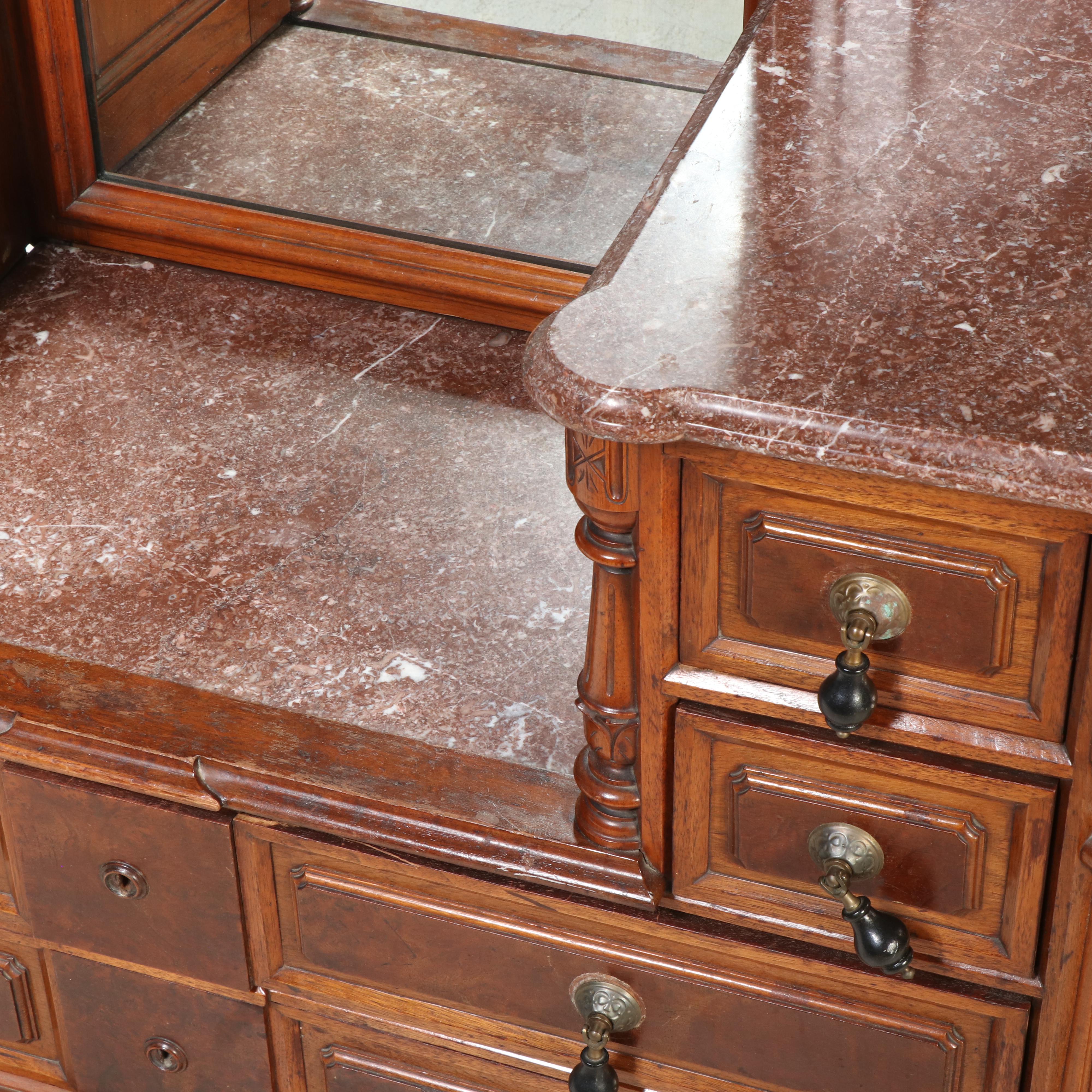 Victorian Eastlake Style Walnut Marble Top Drop Well Dresser, Late 19th Century